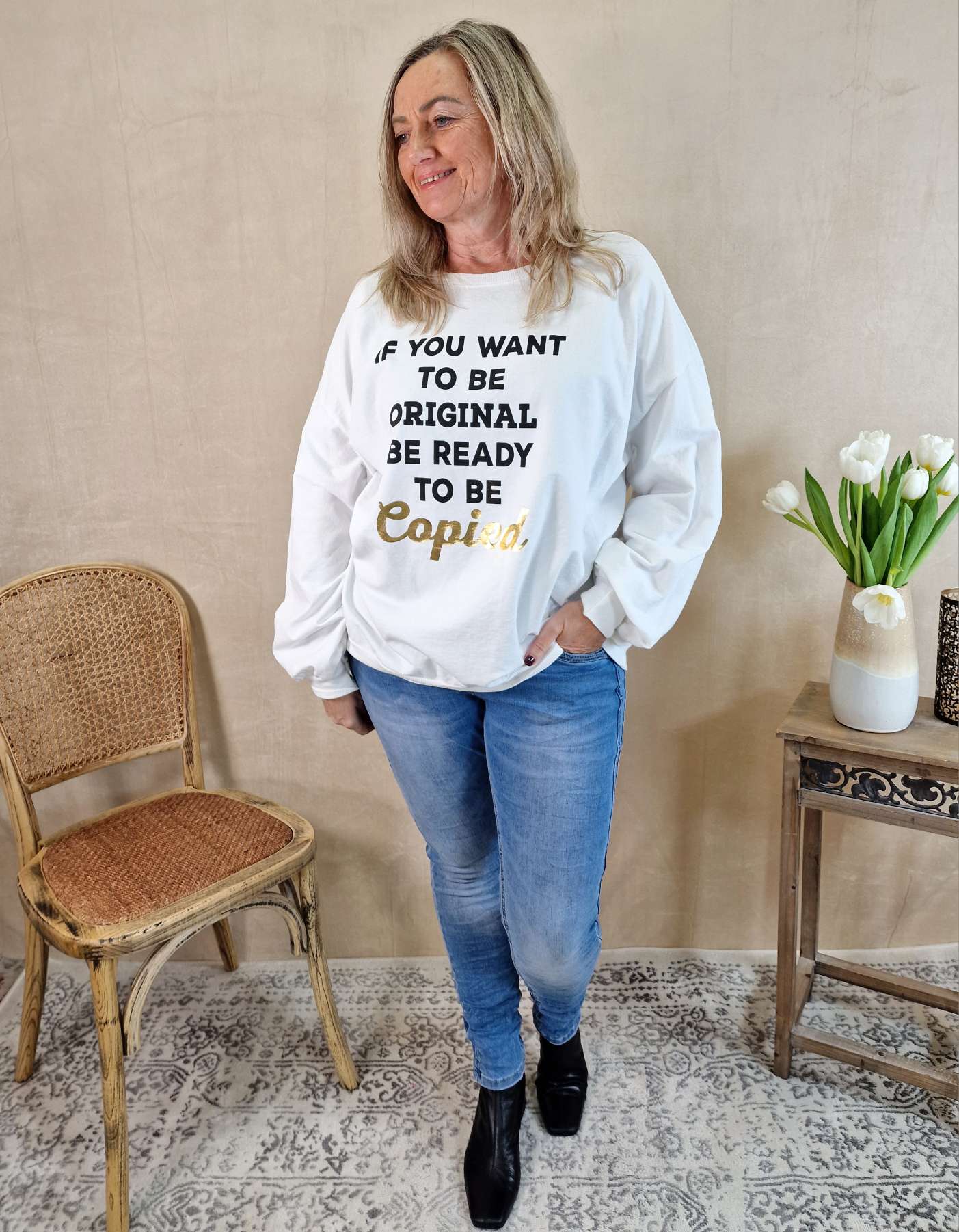 SWEATER COPIED WEISS Longsleeve Langarm Statement Shirt Made in Italy 34-42 verschiedene Farben SWEATER COPIED WEISS Longsleeve Langarm Statement Shirt Made in Italy 34-42 verschiedene Farben