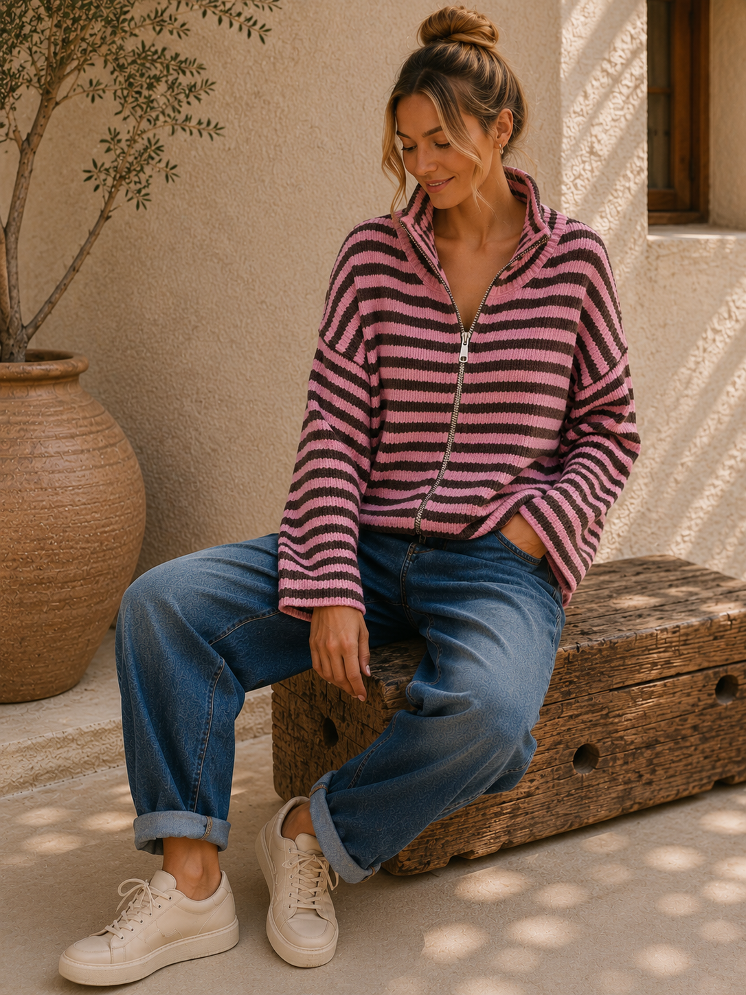 Strickjacke Celia – Streifenlook mit 2-Wege-Reißverschluss Made in Italy 34-40/42 Cardigan