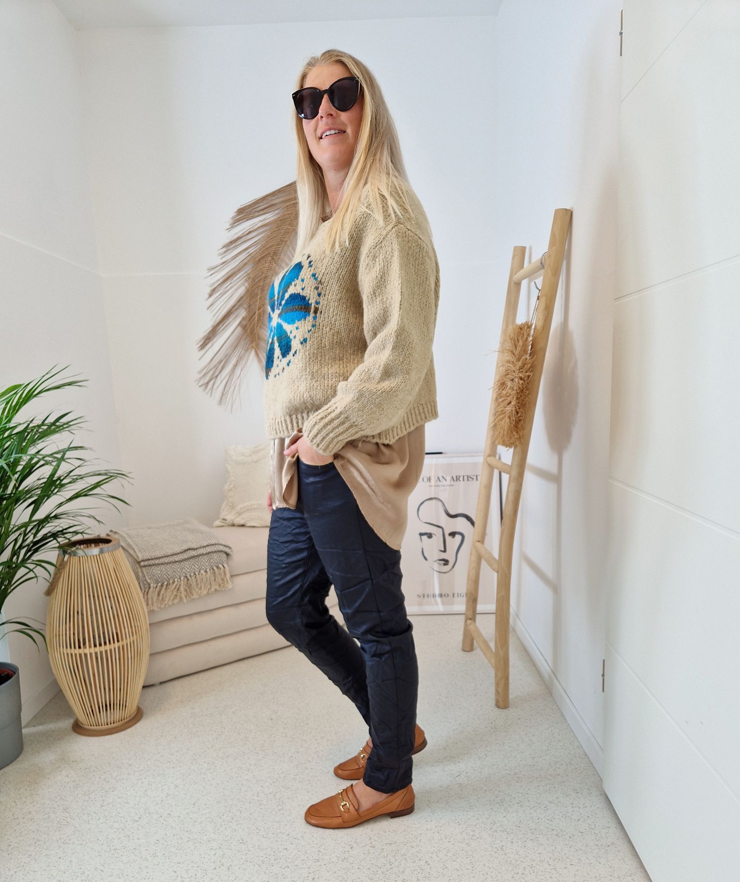 KNIT SWEATER GRETA FLOWER TAUPE Strickpullover Pullover 34-42 Made in Italy versch. Farben KNIT SWEATER GRETA FLOWER TAUPE Strickpullover Pullover 34-42 Made in Italy versch. Farben