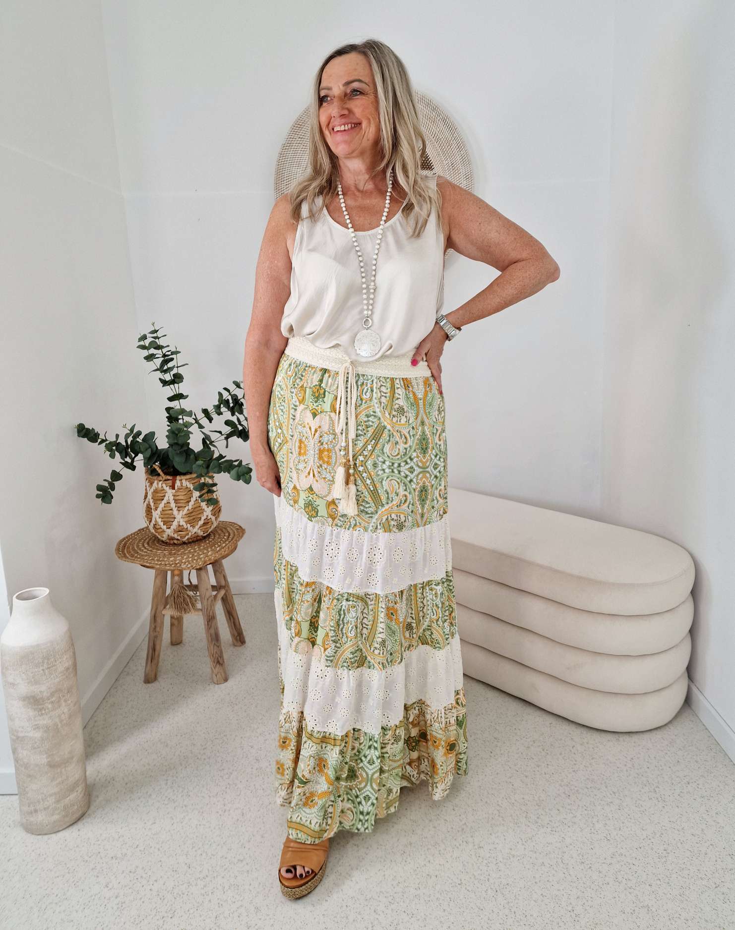 BOHO SKIRT RAHEL GRÜN 34-40 Made in Italy Maxi Rock Bohemian Damenrock