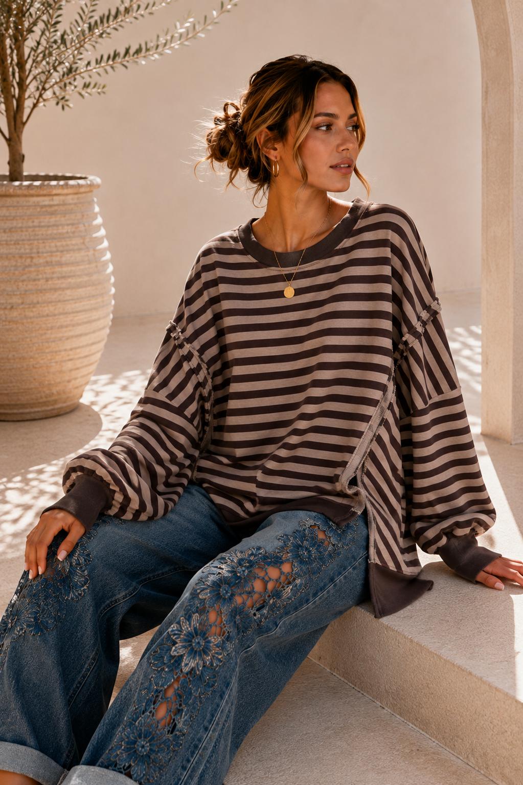 Sweater Charly mit Raw-Cut Details Stripes Made in Italy 34-44/46