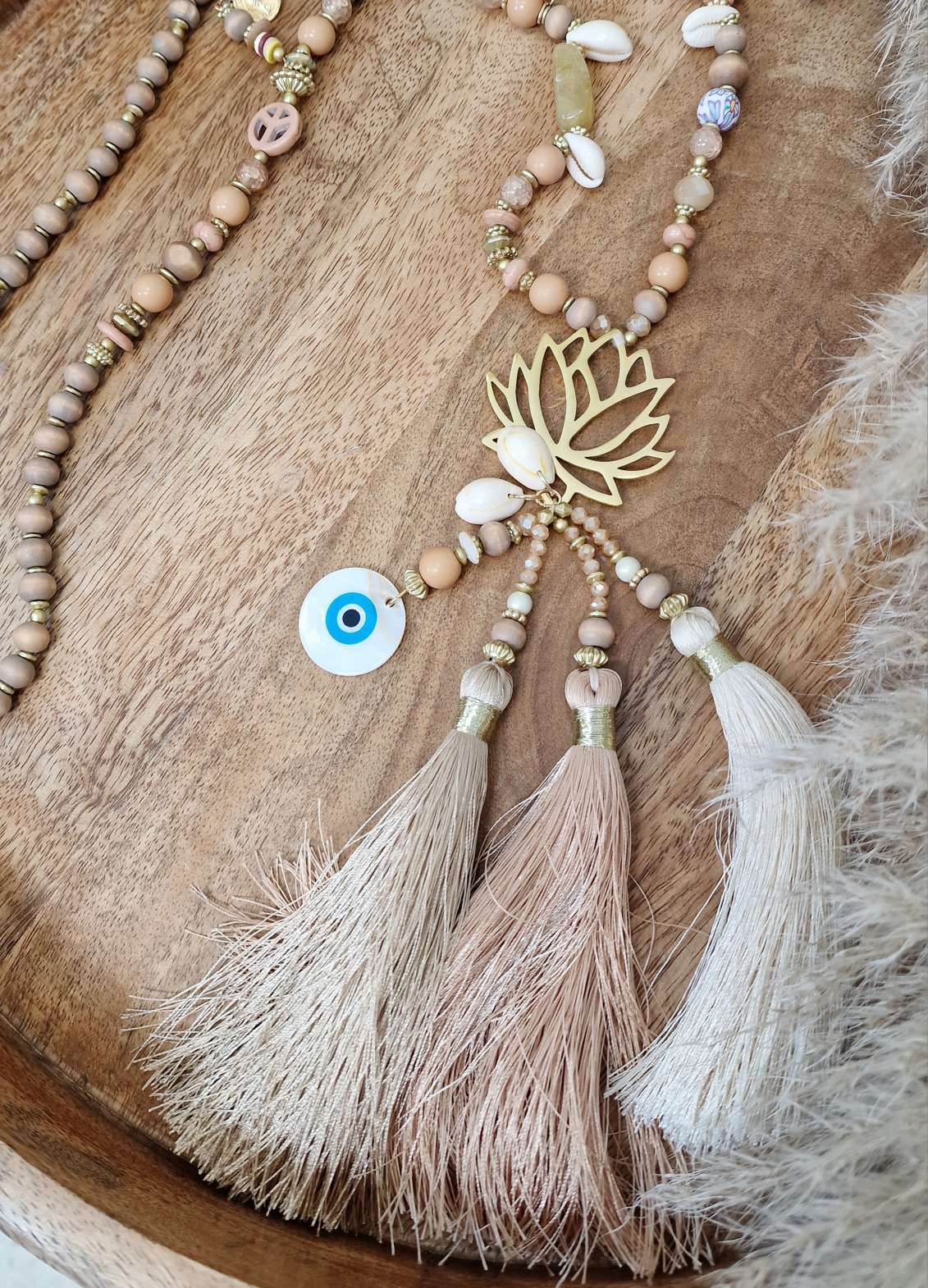 LANGE PERLENKETTE LOTUS NUDE Italy Design Goldfarbig Necklace Halskette BOHO Bohemian