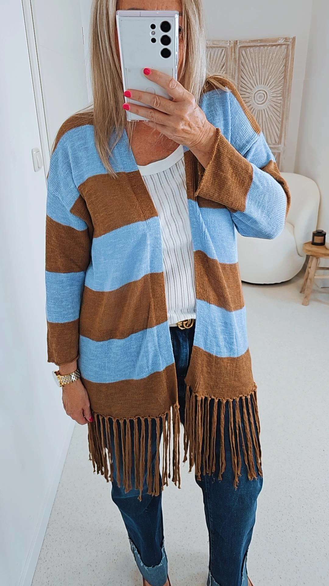 EDLE STRICKJACKE BIBI mit Fransen Camel Blau Made in Italy 36 - 42 Cardigan TENSIONE IN