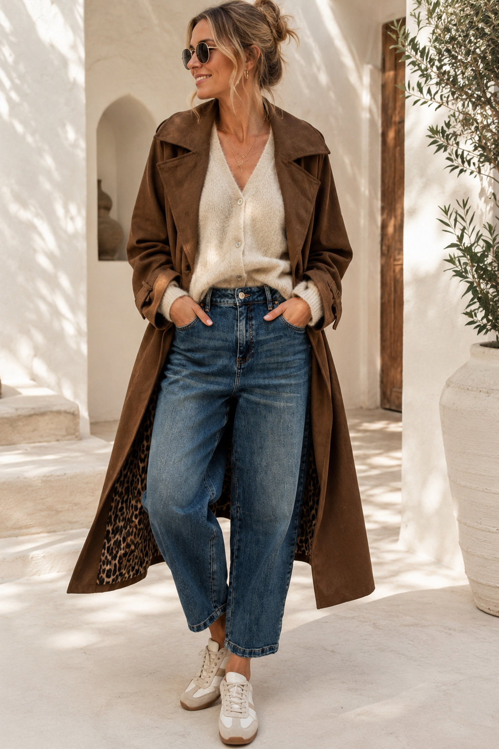 Tansania – Trenchcoat Mantel in Velourleder-Optik mit Leo-Futter | Made in Italy