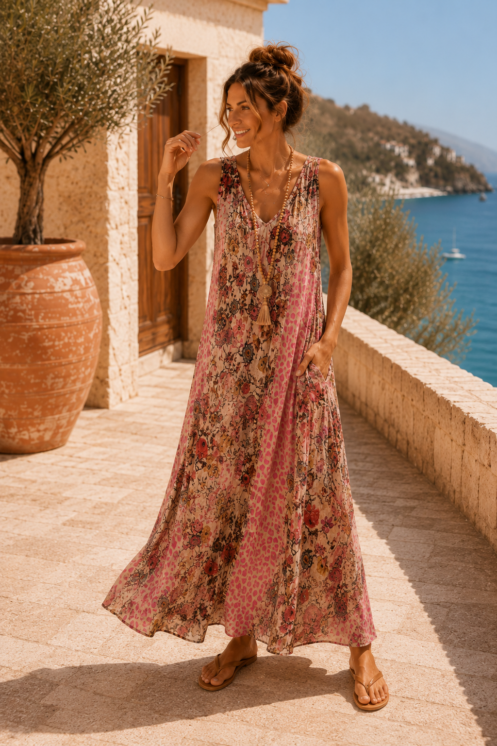 Maxikleid „Zawadi“ – Leo trifft Blütenzauber – Made in Italy  Trendiges Leo-Kleid mit Taschen | Passend bis Größe 42/44