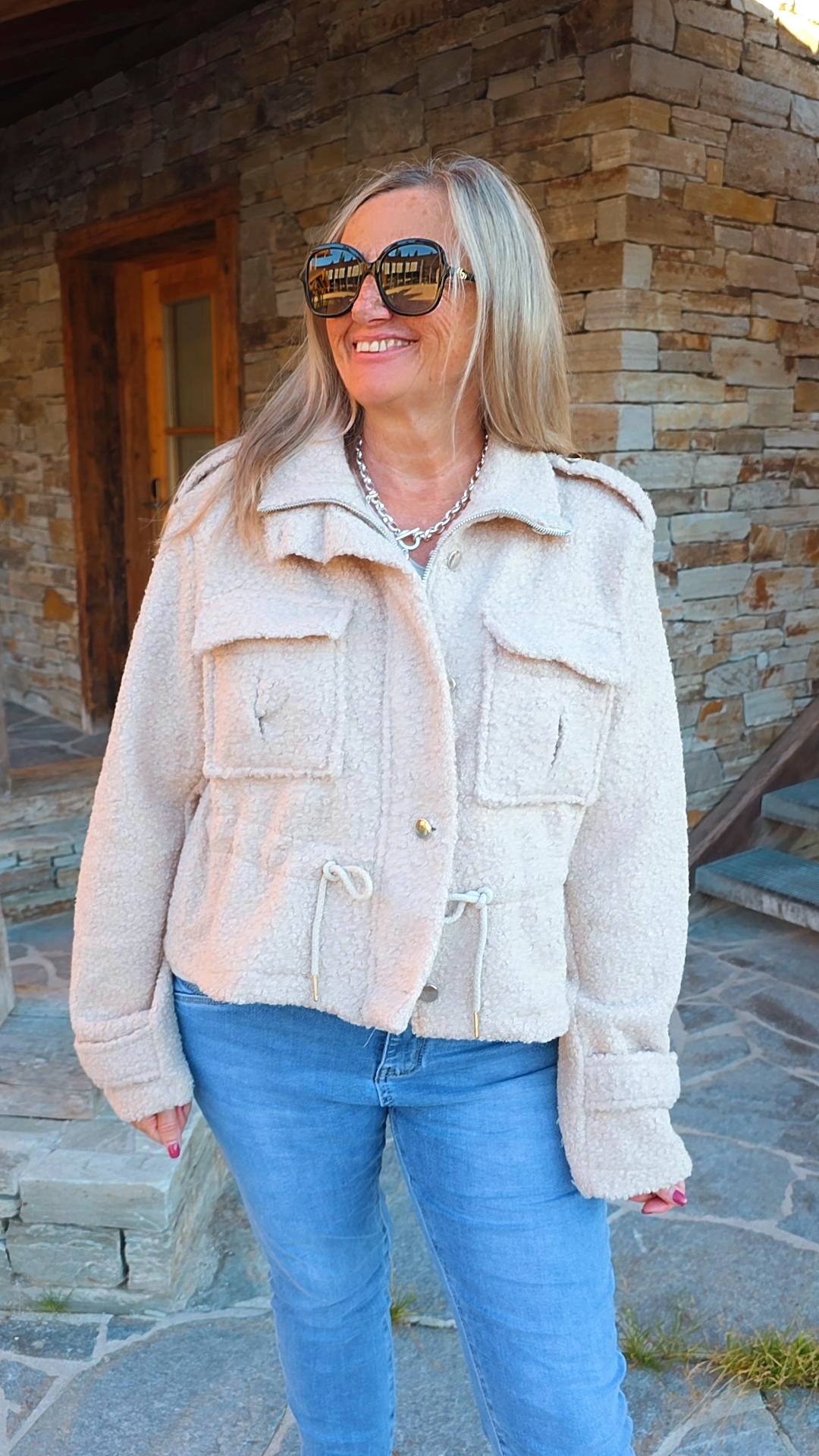 WEICHE BOUCLET-JACKE FIRENZE KURZ 34-42/44 mit Reißverschluss&Knöpfen Made in Italy