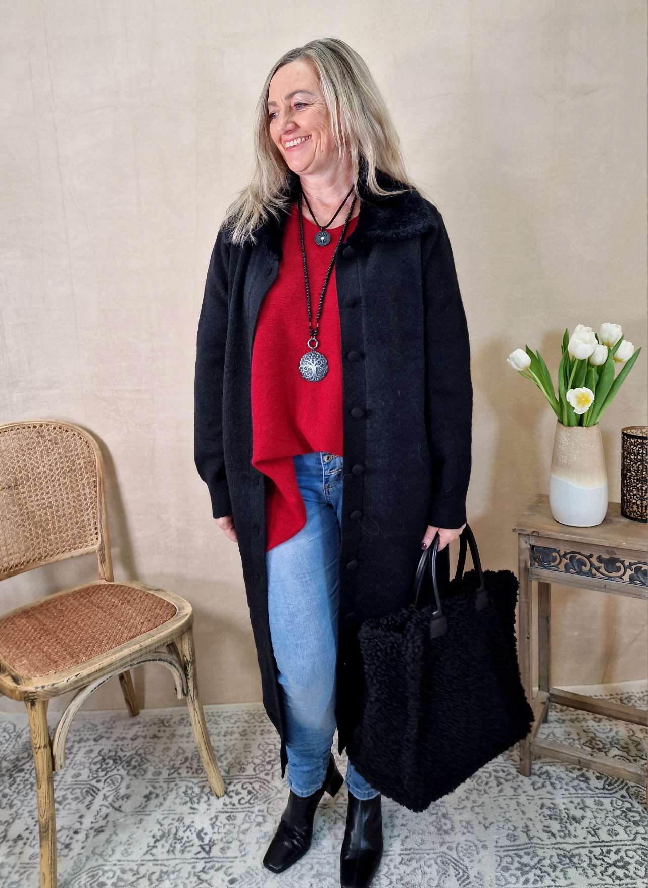 LUXURY KNIT COAT MIRINA SCHWARZ 34-42 Strickmantel Mantel Cardigen Italy Kollektion  
