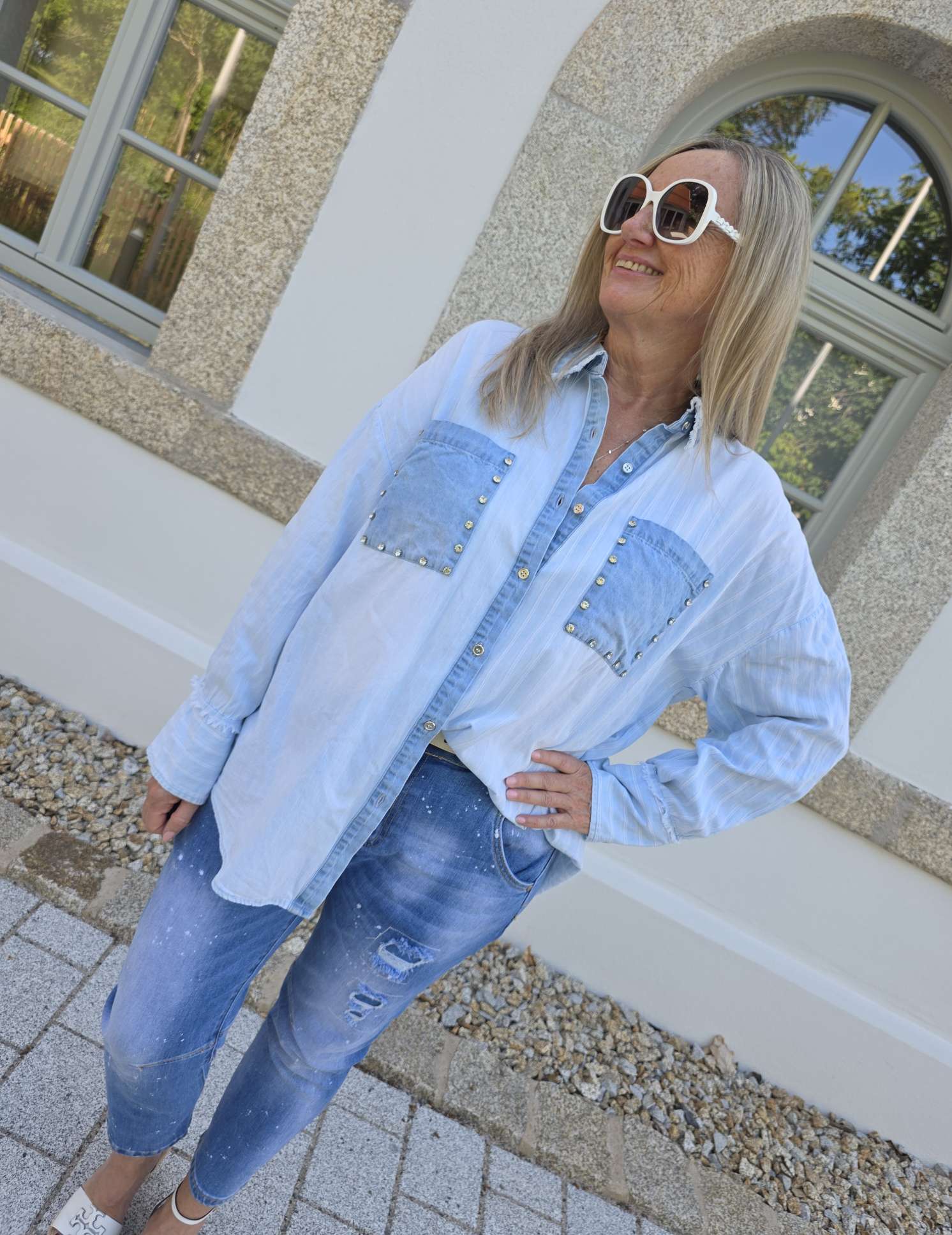 JEANSBLUSE SALMA NIETEN STREIFENLOOK Italy Style 34-44