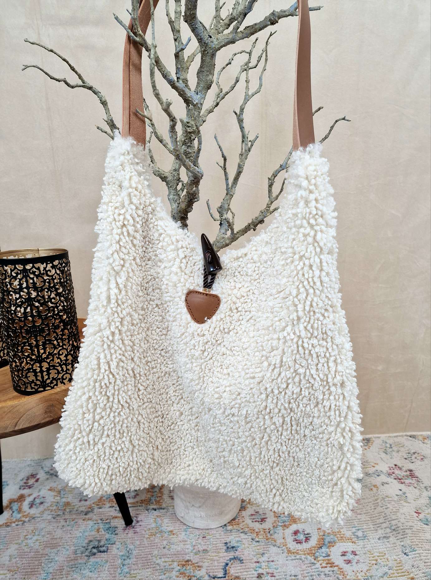 TEDDY FELL SHOPPER LIZZY CREME flauschige Shopping Bag Tasche mit Leder-Henkel Made in Italy TEDDY FELL SHOPPER LIZZY CREME flauschige Shopping Bag Tasche mit Leder-Henkel Made in Italy
