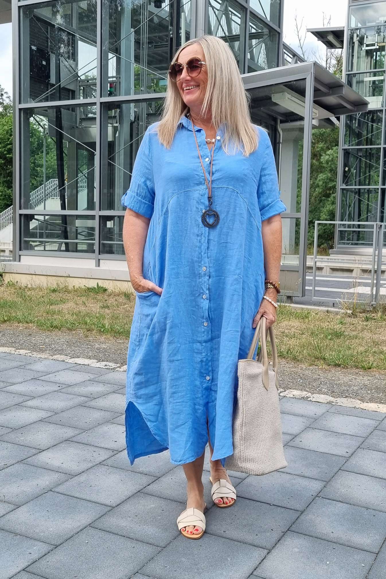 LINEN DESS WILMA DENIM BLAU 34-42 Made in Italy Leinen Kleid Long Bluse Mantel LINEN DESS WILMA DENIM BLAU 34-42 Made in Italy Leinen Kleid Long Bluse Mantel