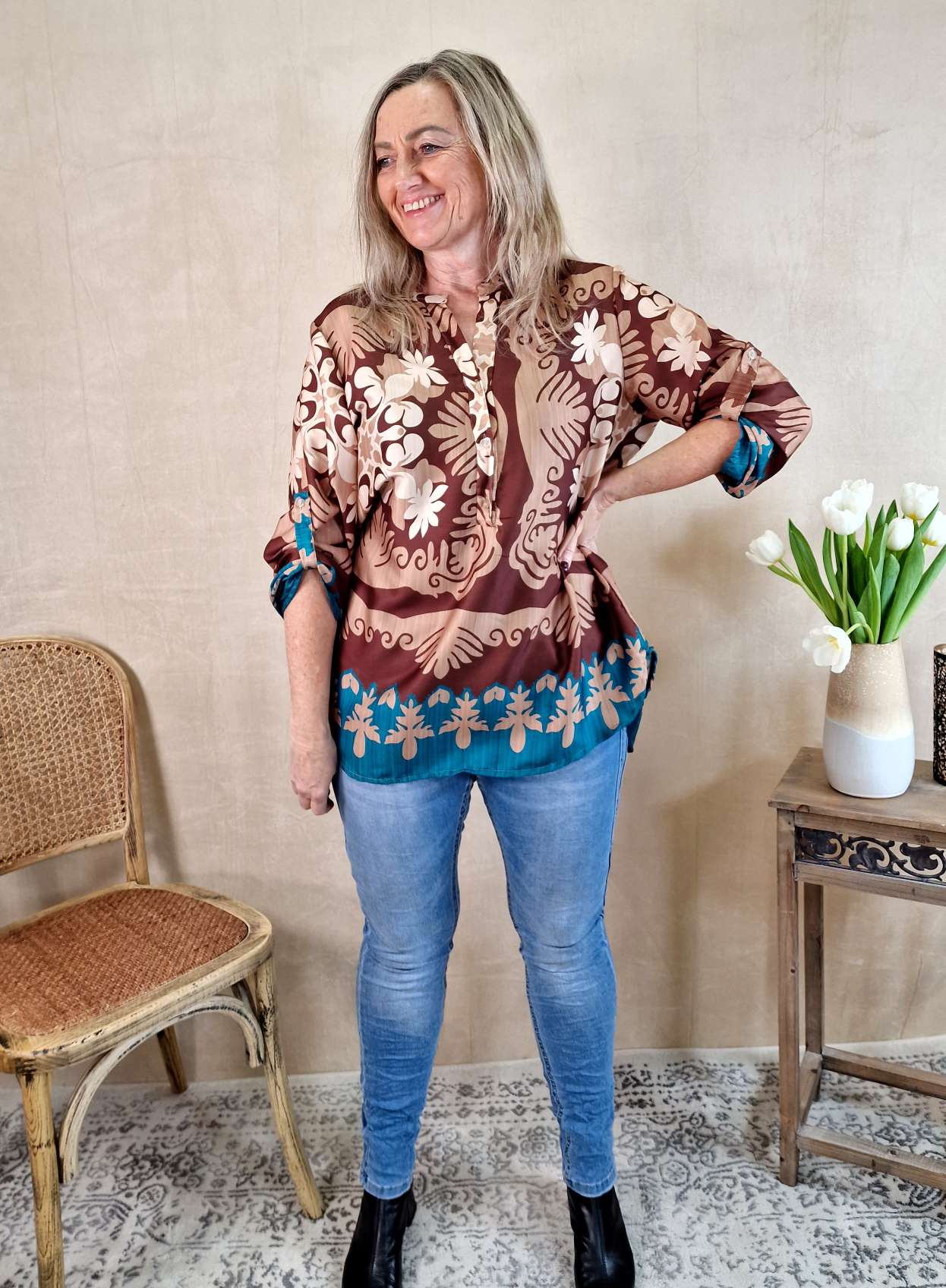 BLUSE MARESA BRAUN PETROL 34-42 Made in Italy Oversize Shirt Hemd Silk Optik BLUSE MARESA BRAUN PETROL 34-42 Made in Italy Oversize Shirt Hemd Silk Optik