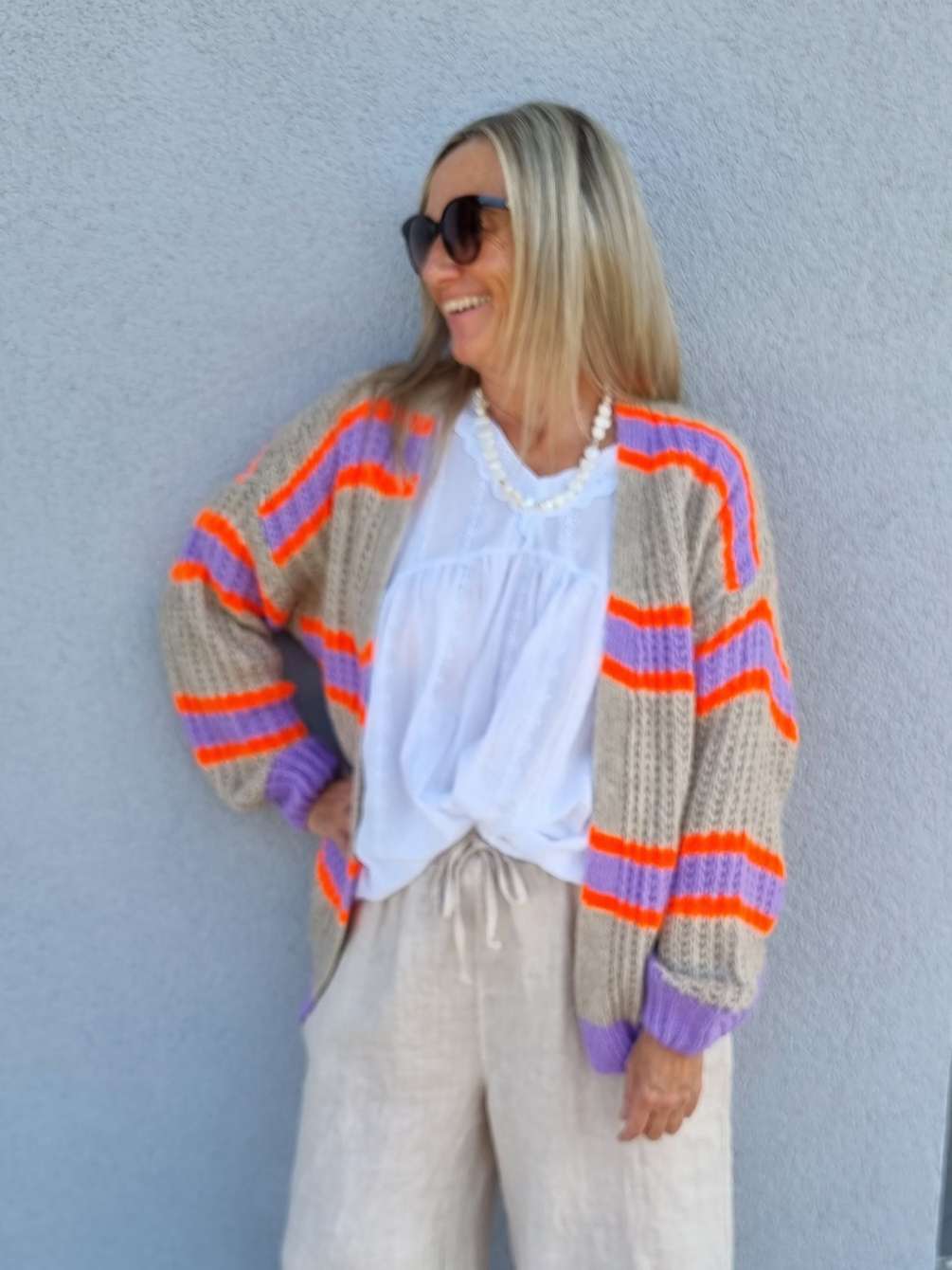 SHORT KNIT CARDIGAN MYKONOS STRIPES BEIGE FLIEDER ORANGE kurze Strick Jacke Made in Italy Streifen 34-42 SHORT KNIT CARDIGAN MYKONOS STRIPES BEIGE FLIEDER ORANGE kurze Strick Jacke Made in Italy Streifen 34-42