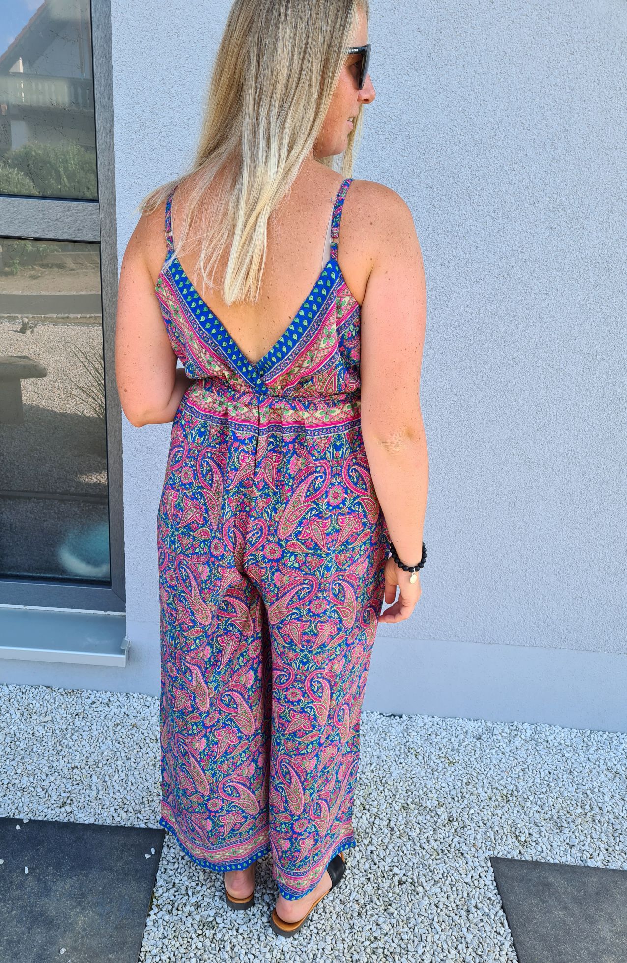SILK JUMPSUIT MALEDIVE LEAVES BLAU PINK 1297 34-42 Boho Bohemian Overall Kunstseide SILK JUMPSUIT MALEDIVE LEAVES BLAU PINK 1297 34-42 Boho Bohemian Overall Kunstseide