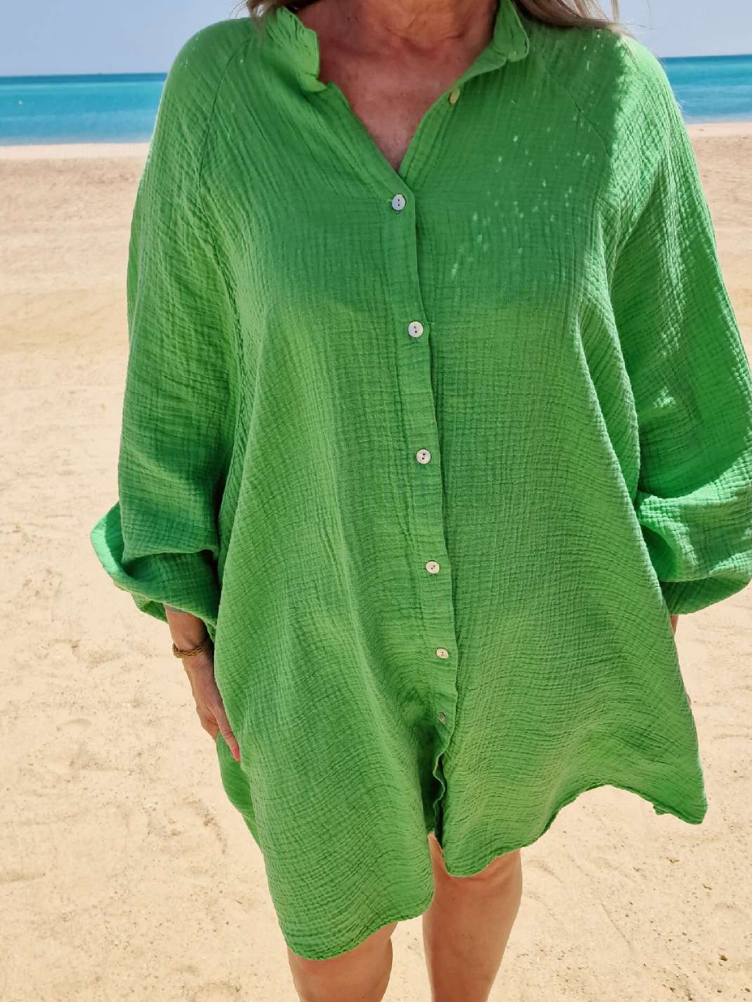 MUSSELIN OVERSIZE BLUSE BE CREATIVE GRÜN 34-42/44 Made in Italy Longbluse Kleid Tunika Shirt Blusenjacke MUSSELIN OVERSIZE BLUSE BE CREATIVE GRÜN 34-42/44 Made in Italy Longbluse Kleid Tunika Shirt Blusenjacke