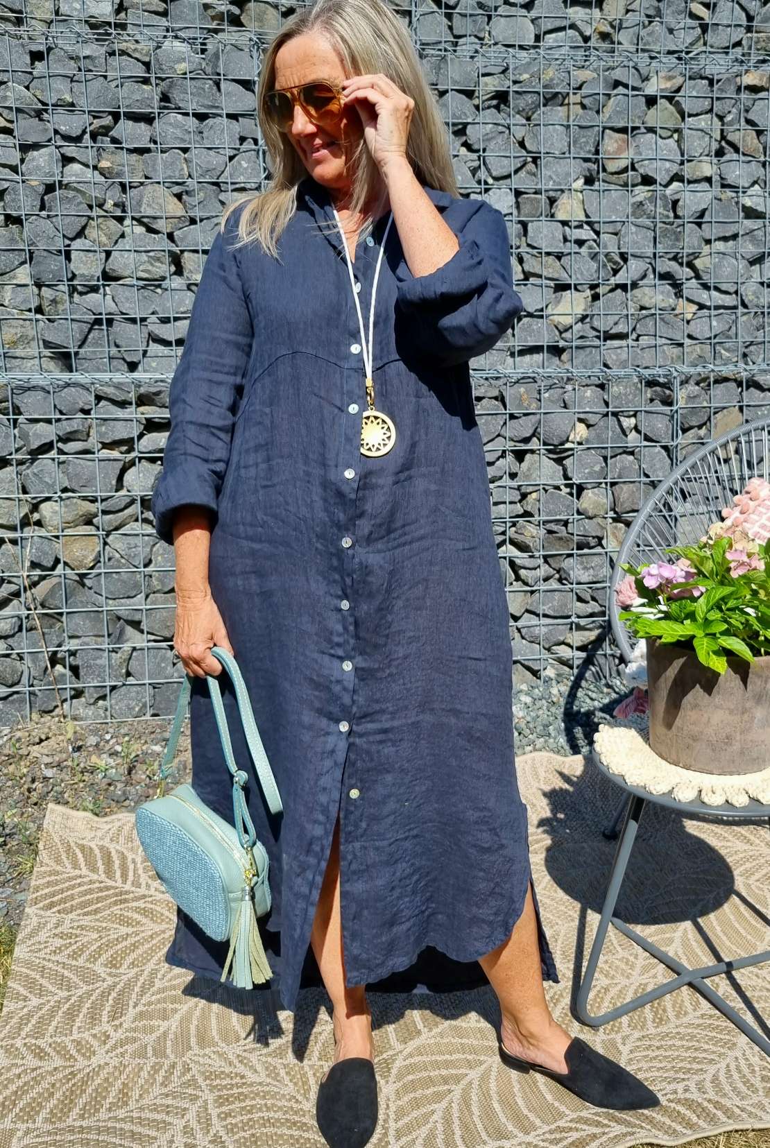 LINEN DESS WANDA 2 DUNKELBLAU 34-40 Made in Italy Leinen Kleid Long Bluse Mantel LINEN DESS WANDA 2 DUNKELBLAU 34-40 Made in Italy Leinen Kleid Long Bluse Mantel