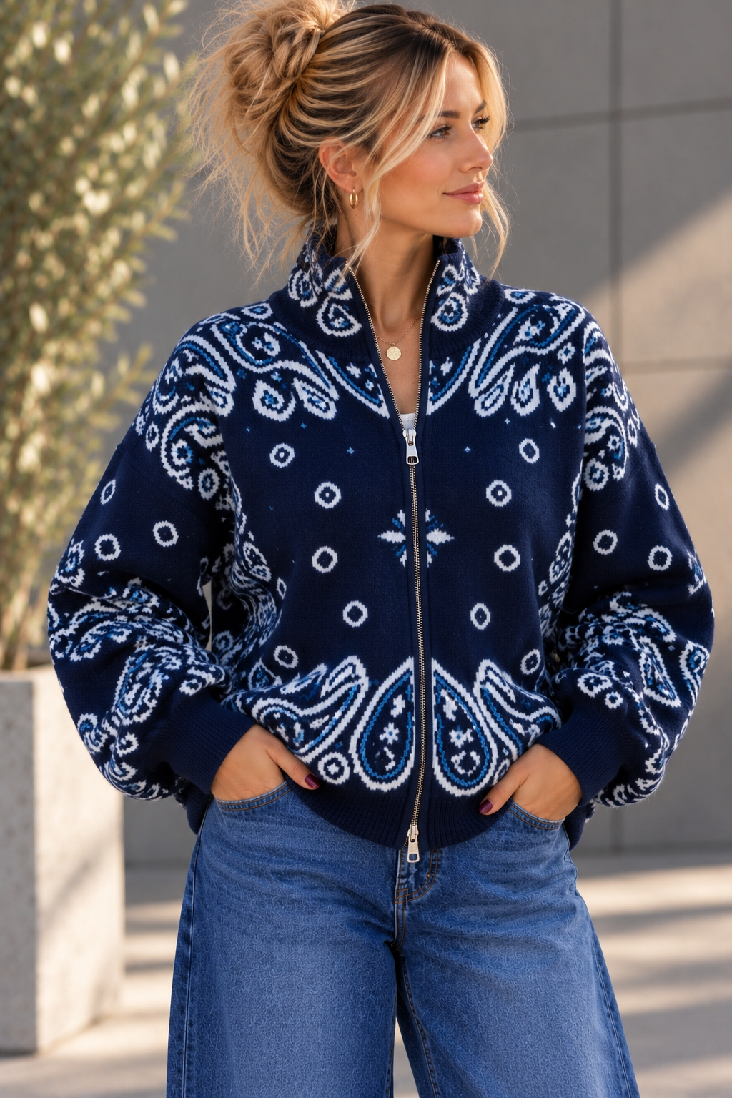 Zipper-Strickjacke mit Paisley-Muster SJ0165 I Made in Italy 34-40/42