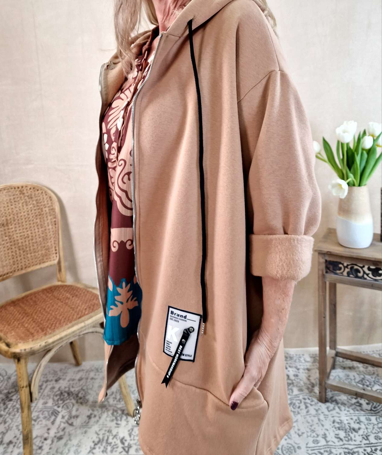 HOODIE SWEATER JACKE CARLO CAMEL 34-42 Made in Italy Oversize lange Sweatshirtjacke HOODIE SWEATER JACKE CARLO CAMEL 34-42 Made in Italy Oversize lange Sweatshirtjacke