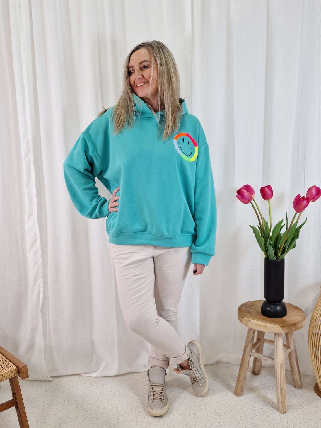 HOODIE RAINBOW FACE TÜRKIS 34-42 Made in Italy Sweater Kapuze Oversize Pullover NEON