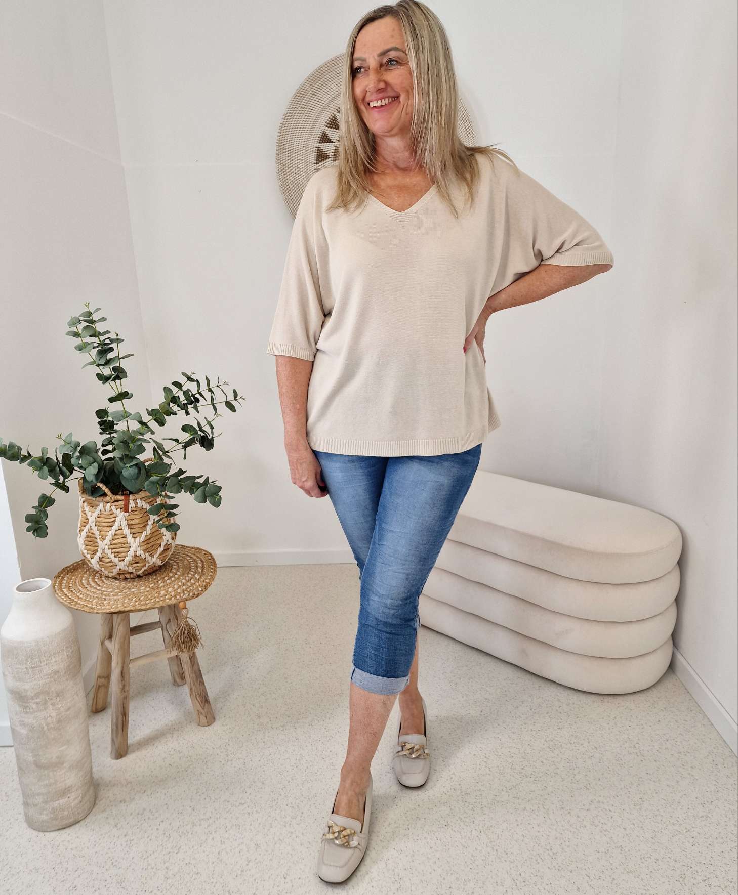 BASIC SHIRT ZOLA STRICK BEIGE V-Ausschnitt Made in Italy 36 -42 Pullover BASIC SHIRT ZOLA STRICK BEIGE V-Ausschnitt Made in Italy 36 -42 Pullover