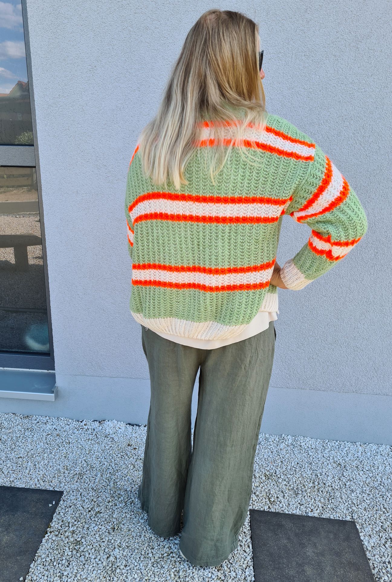 SHORT KNIT CARDIGAN MYKONOS STRIPES BUTTONS LIGHT GRÜN ORANGE CREME kurze Strick Jacke Made in Italy Streifen Knöpfe 34-42 SHORT KNIT CARDIGAN MYKONOS STRIPES BUTTONS LIGHT GRÜN ORANGE CREME kurze Strick Jacke Made in Italy Streifen Knöpfe 34-42
