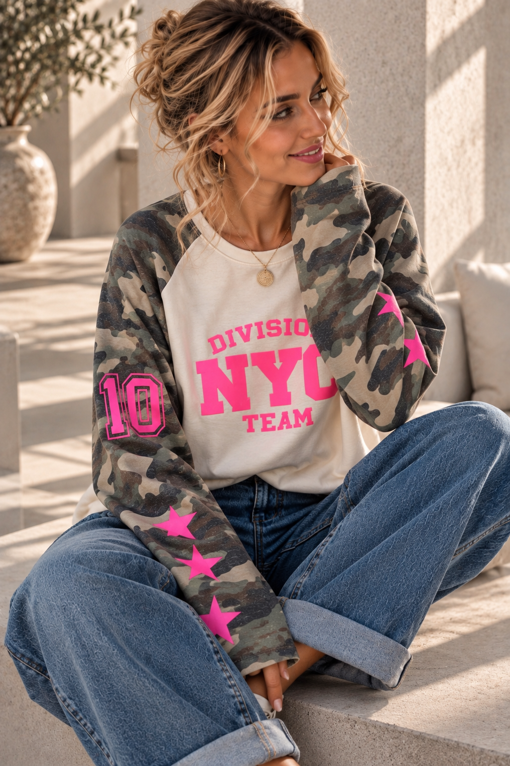 SW0115 – Statement-Shirt mit Camouflage & Neon-Details Gr. 34-42/44
