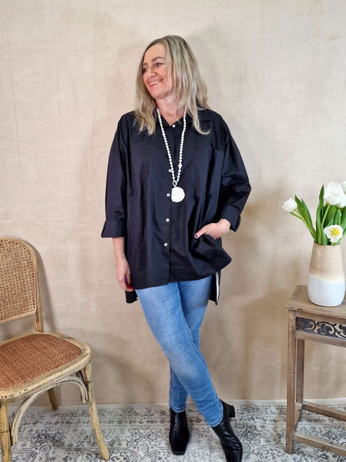 OVERSIZE BLUSE KARINA SCHWARZ 34-42/44 Made in Italy Longbluse Kleid Damen OVERSIZE BLUSE KARINA SCHWARZ 34-42/44 Made in Italy Longbluse Kleid Damen