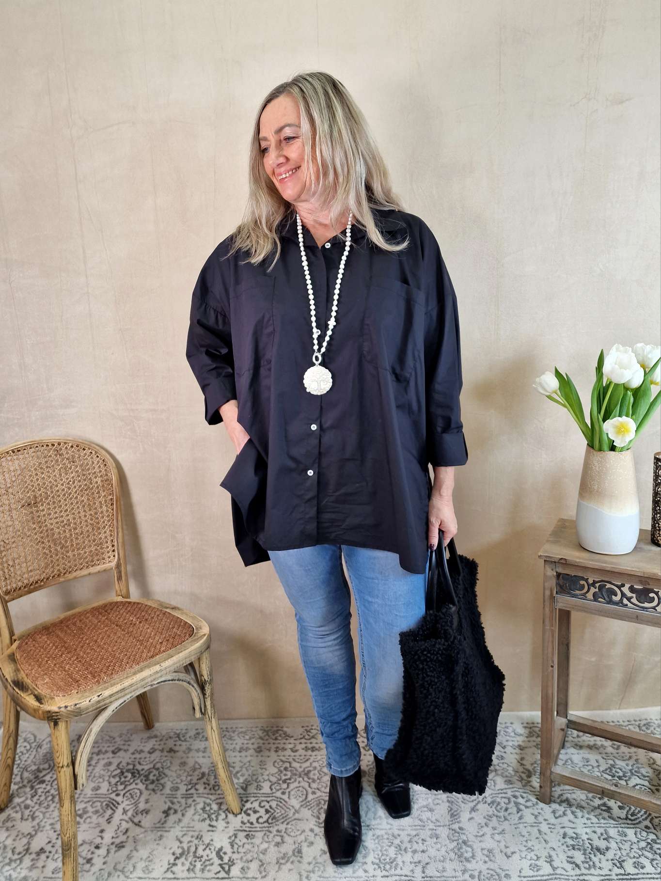 OVERSIZE BLUSE KARINA SCHWARZ 34-42/44 Made in Italy Longbluse Kleid Damen OVERSIZE BLUSE KARINA SCHWARZ 34-42/44 Made in Italy Longbluse Kleid Damen