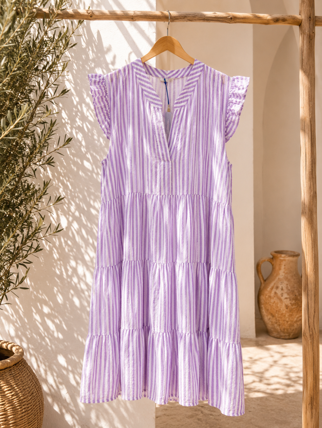 MUSSELIN KLEID TAMI FLIEDER CREME STRIPES  kurz Rüschen 34 - 42 Summer Dress