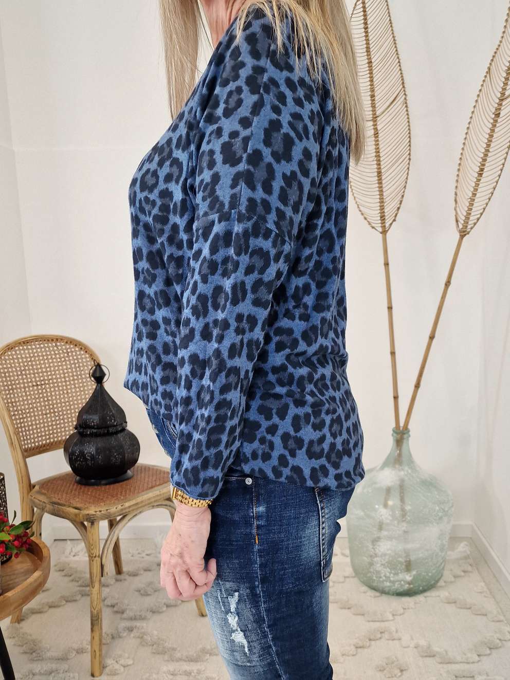 LIGHT KNIT LONGSLEEVE SHIRT MARIKA LEO BLAU Basic Langarm Pullover Leopard Sweater Made in Italy 34-42 LIGHT KNIT LONGSLEEVE SHIRT MARIKA LEO BLAU Basic Langarm Pullover Leopard Sweater Made in Italy 34-42