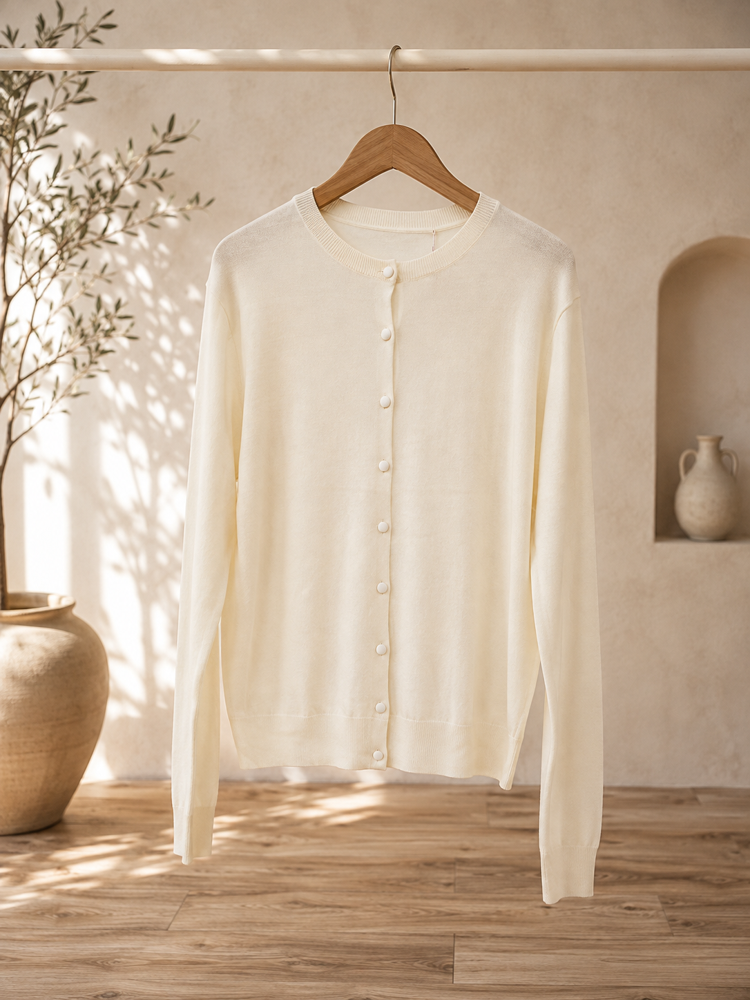 Strickjacke Odina – softer Basic Cardigan mit stoffbezogenen Knöpfen Made in Italy 34-40/42
