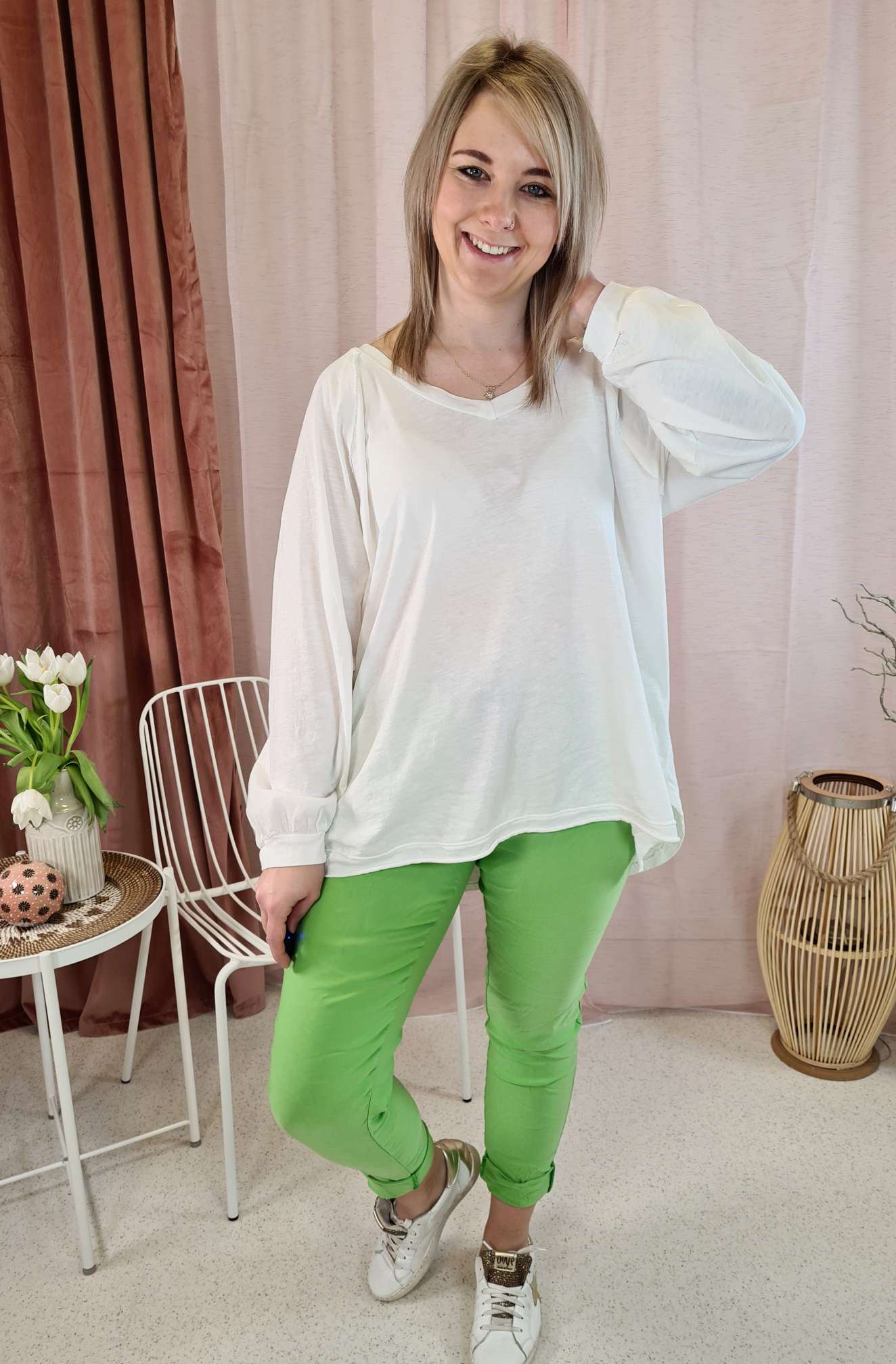 BASIC LONGSLEEVE SHIRT VERONIKA CREME 34-42 Made in Italy Langarm Pullover Vokuhila  