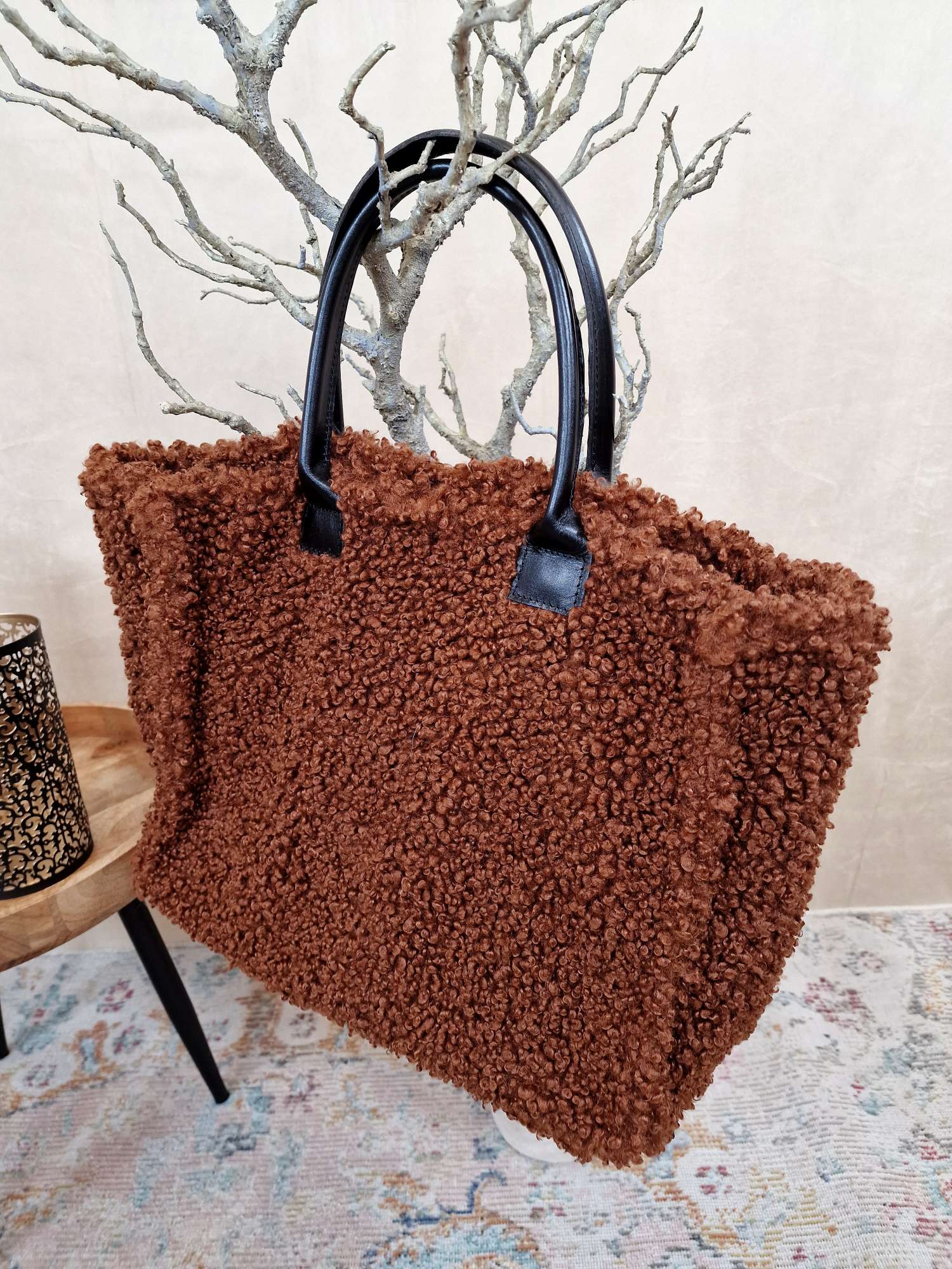TEDDY FELL SHOPPER ELENI DUNKELBRAUN flauschige Shopping Bag mit Leder-Henkel Tasche Made in Italy TEDDY FELL SHOPPER ELENI DUNKELBRAUN flauschige Shopping Bag mit Leder-Henkel Tasche Made in Italy