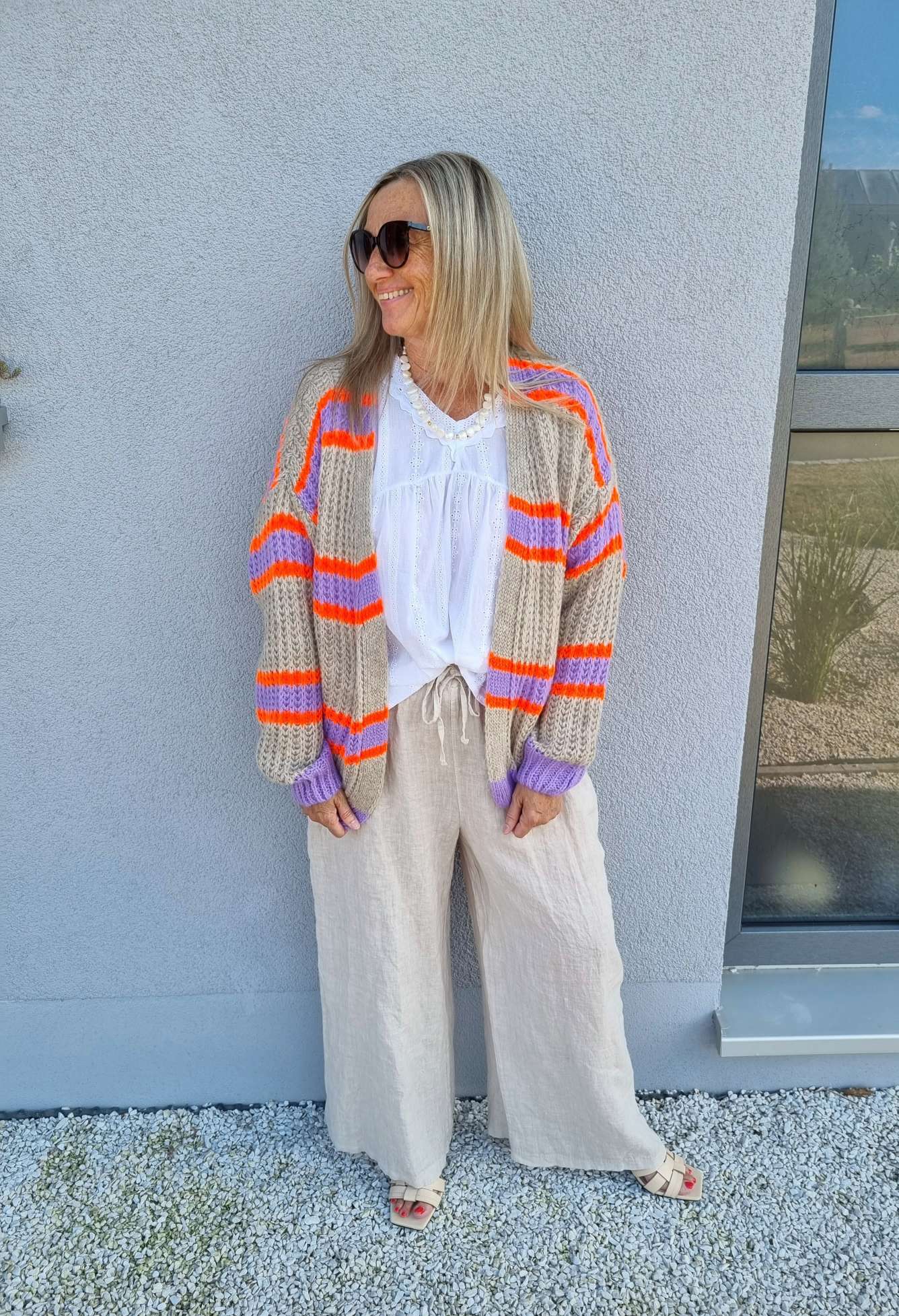 SHORT KNIT CARDIGAN MYKONOS STRIPES BEIGE FLIEDER ORANGE kurze Strick Jacke Made in Italy Streifen 34-42 SHORT KNIT CARDIGAN MYKONOS STRIPES BEIGE FLIEDER ORANGE kurze Strick Jacke Made in Italy Streifen 34-42