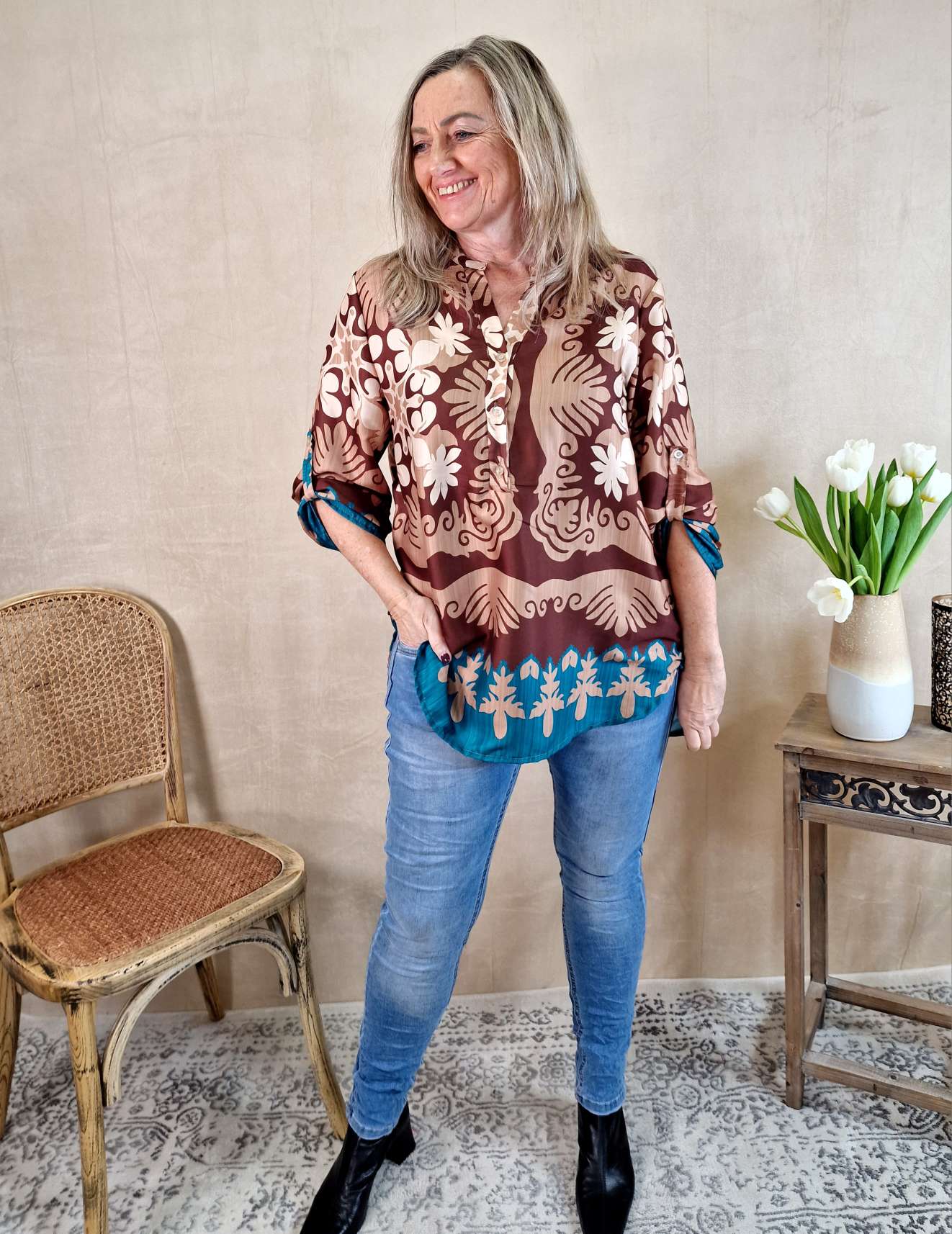 BLUSE MARESA BRAUN PETROL 34-42 Made in Italy Oversize Shirt Hemd Silk Optik BLUSE MARESA BRAUN PETROL 34-42 Made in Italy Oversize Shirt Hemd Silk Optik