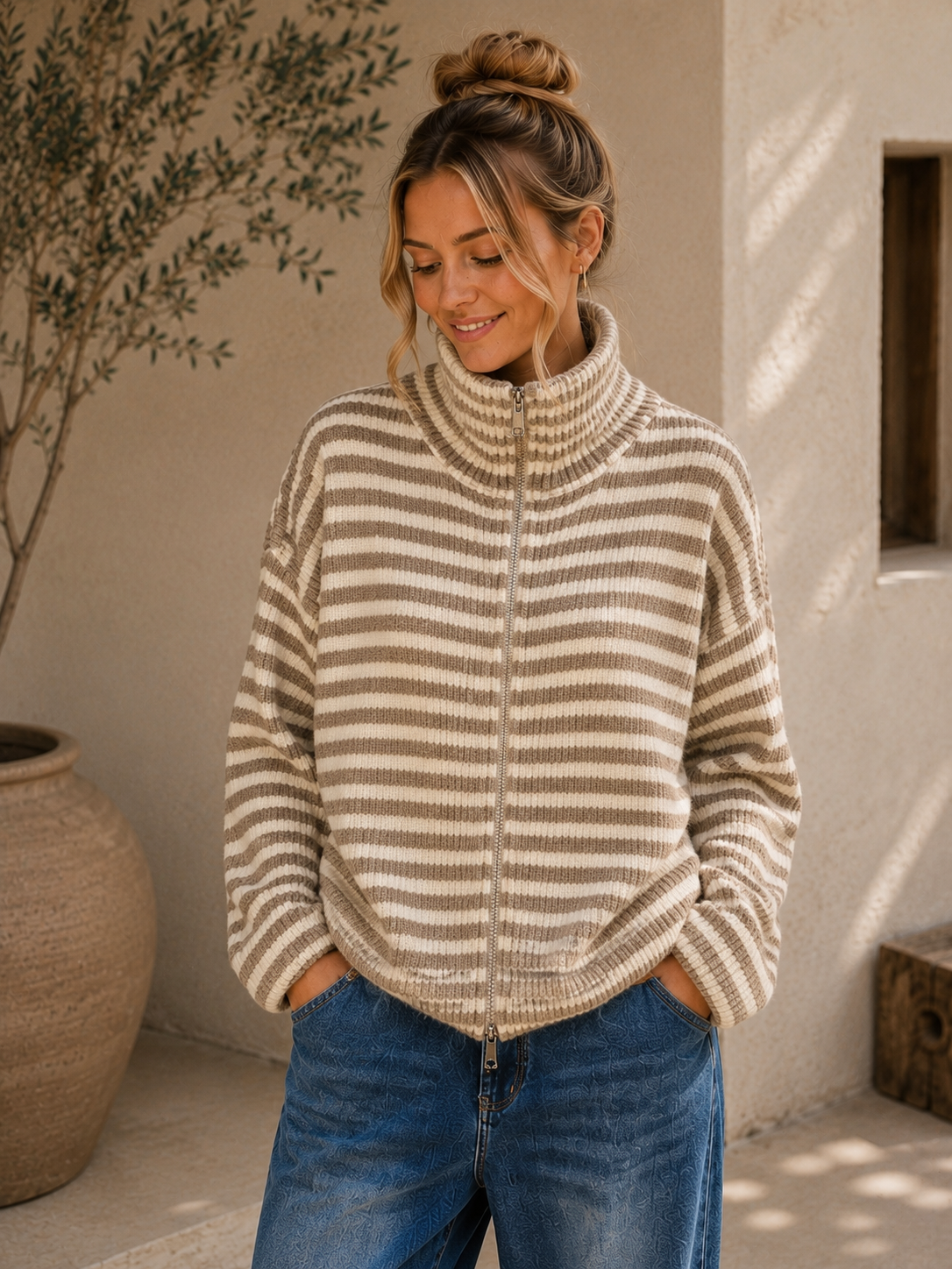 Strickjacke Celia – Streifenlook mit 2-Wege-Reißverschluss Made in Italy 34-40/42 Cardigan