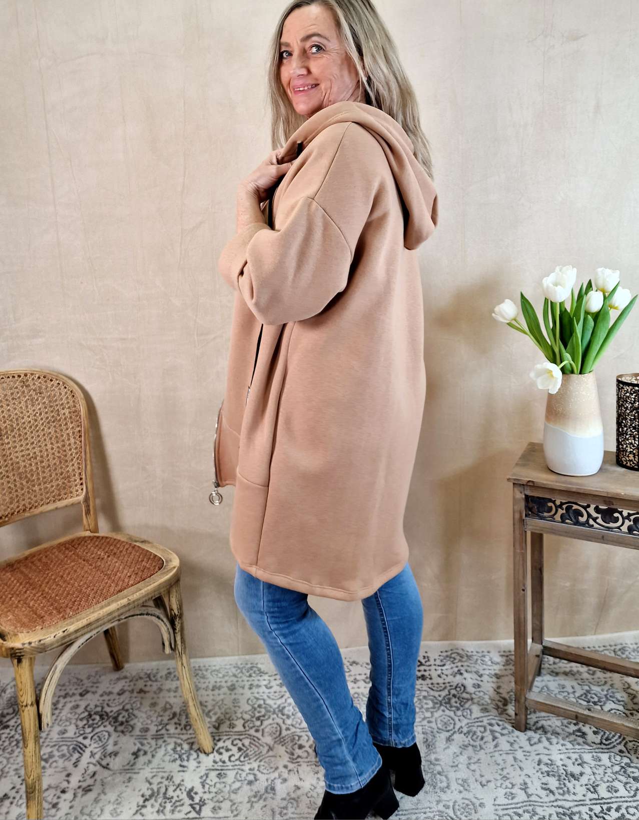 HOODIE SWEATER JACKE CARLO CAMEL 34-42 Made in Italy Oversize lange Sweatshirtjacke HOODIE SWEATER JACKE CARLO CAMEL 34-42 Made in Italy Oversize lange Sweatshirtjacke