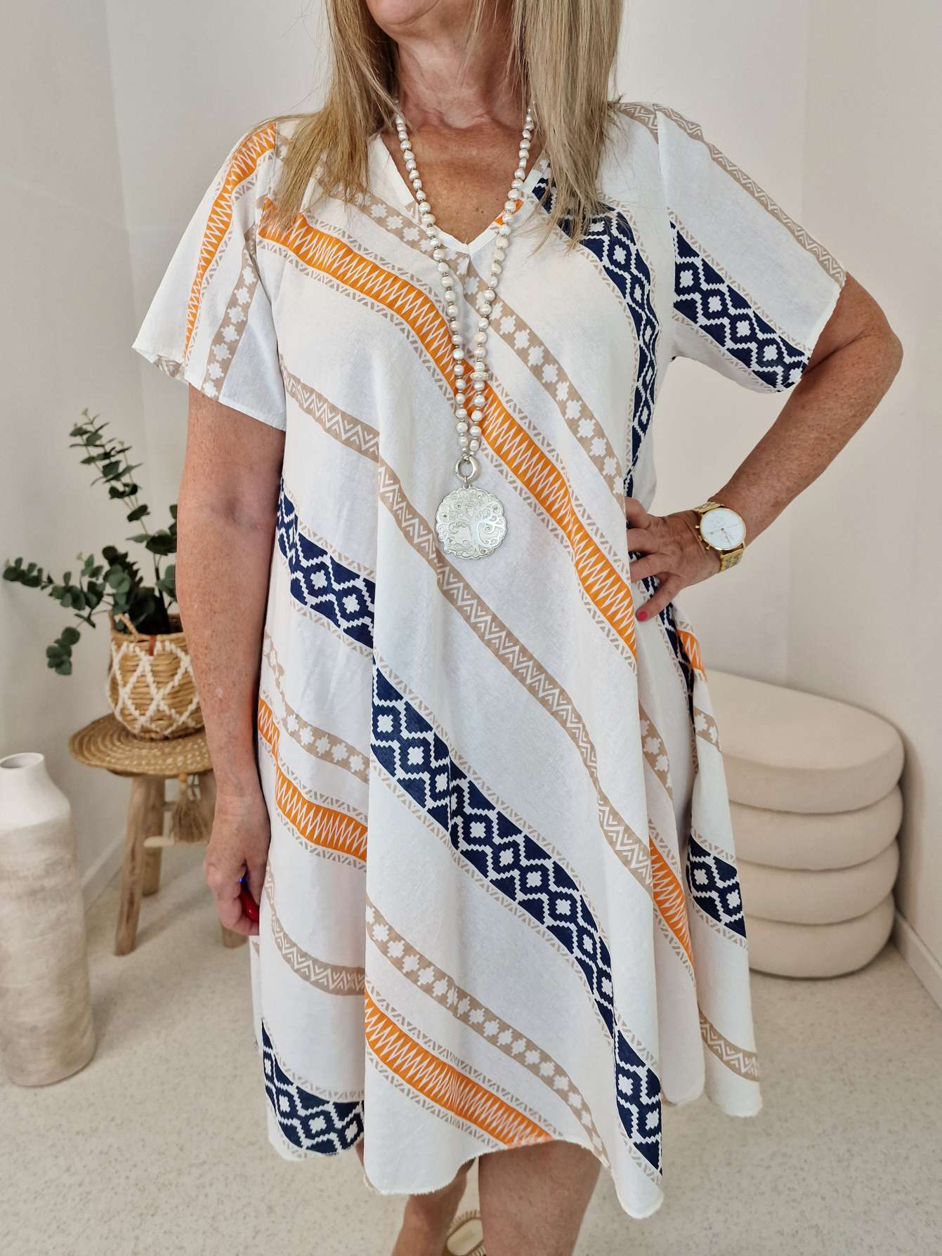 SOMMERKLEID PAROS ORANGE BLAU Greek Style 36 - 42 SOMMERKLEID PAROS ORANGE BLAU Greek Style 36 - 42
