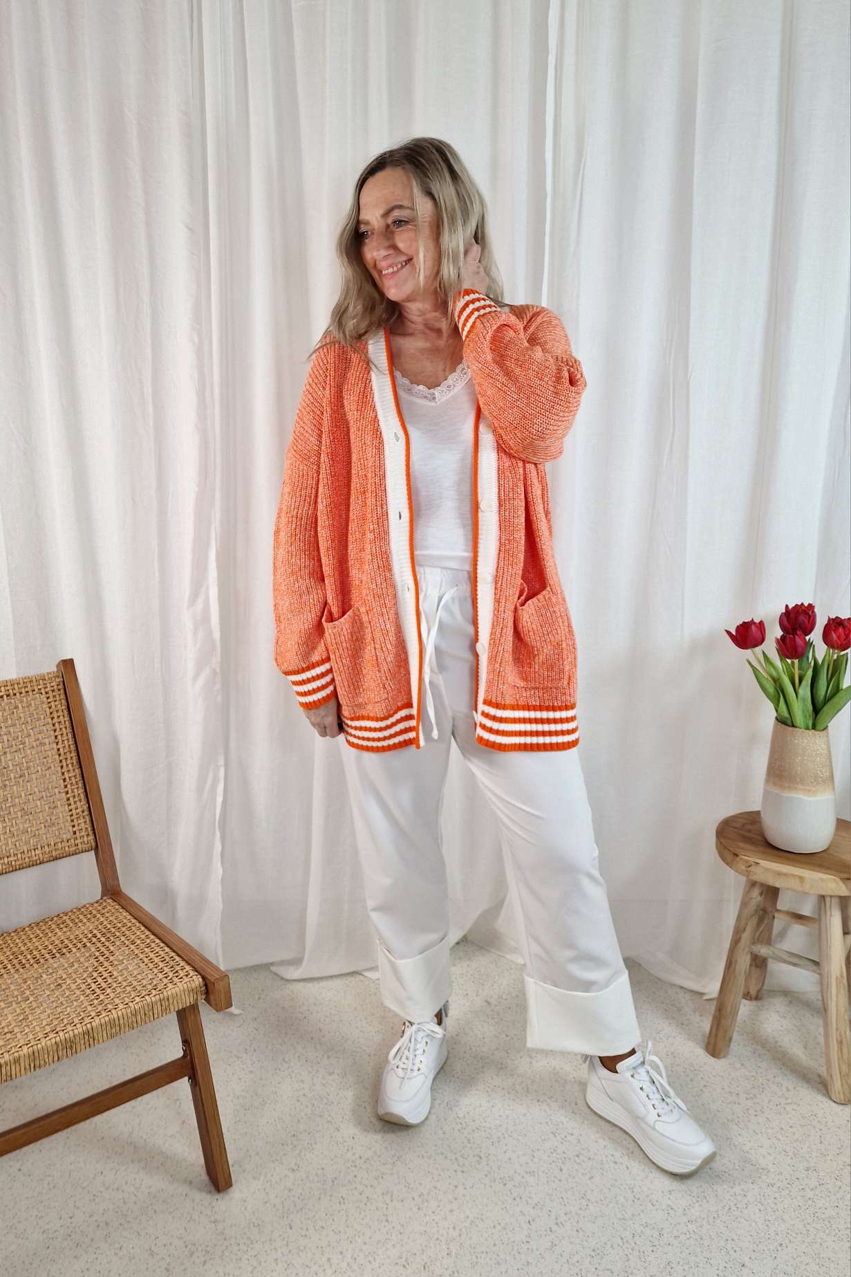 SHORT KNIT CARDIGAN JUNA ORANGE 34-42 Italy Design kurze Strick Jacke Knöpfe
