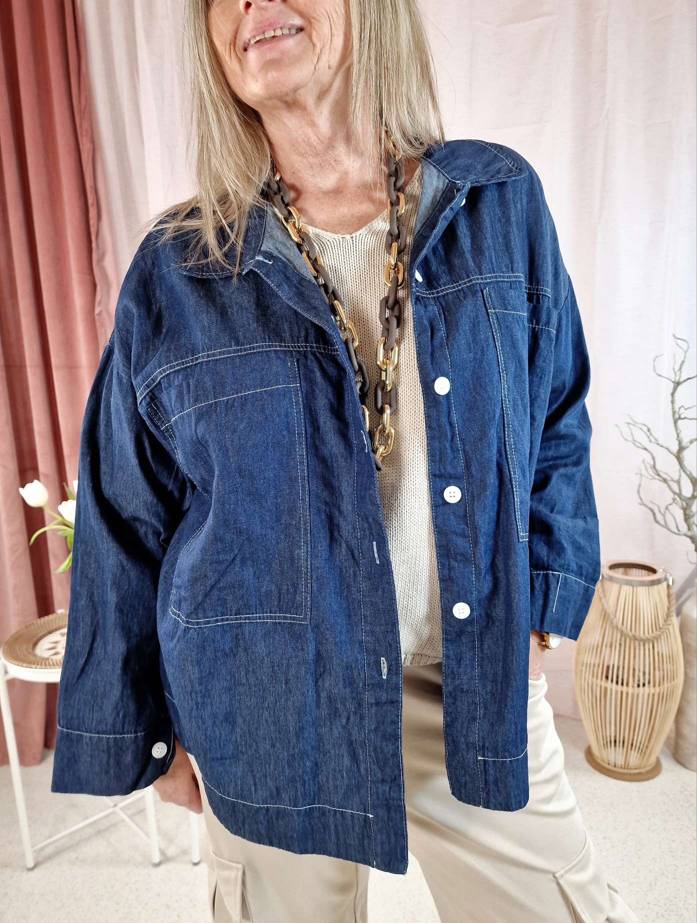 JEANS BLUSE SYLVIA DARK BLUE 34-42 Made in Italy Oversize Shirt Hemd Denim Jacke