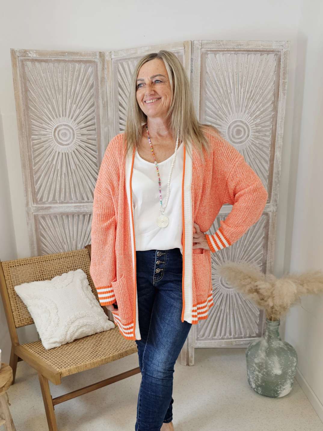 SHORT KNIT CARDIGAN JUNA ORANGE 34-42 Italy Design kurze Strick Jacke Knöpfe