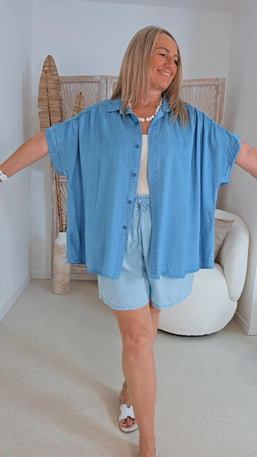 DENIM KURZARMBLUSE DOMINIQUE LYOCELL Made in Italy Größe 36-46