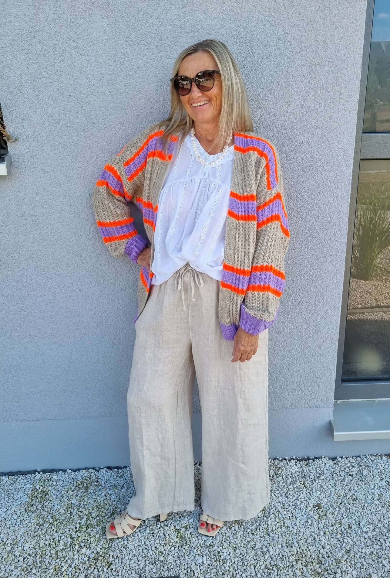 SHORT KNIT CARDIGAN MYKONOS STRIPES BEIGE FLIEDER ORANGE kurze Strick Jacke Made in Italy Streifen 34-42 SHORT KNIT CARDIGAN MYKONOS STRIPES BEIGE FLIEDER ORANGE kurze Strick Jacke Made in Italy Streifen 34-42