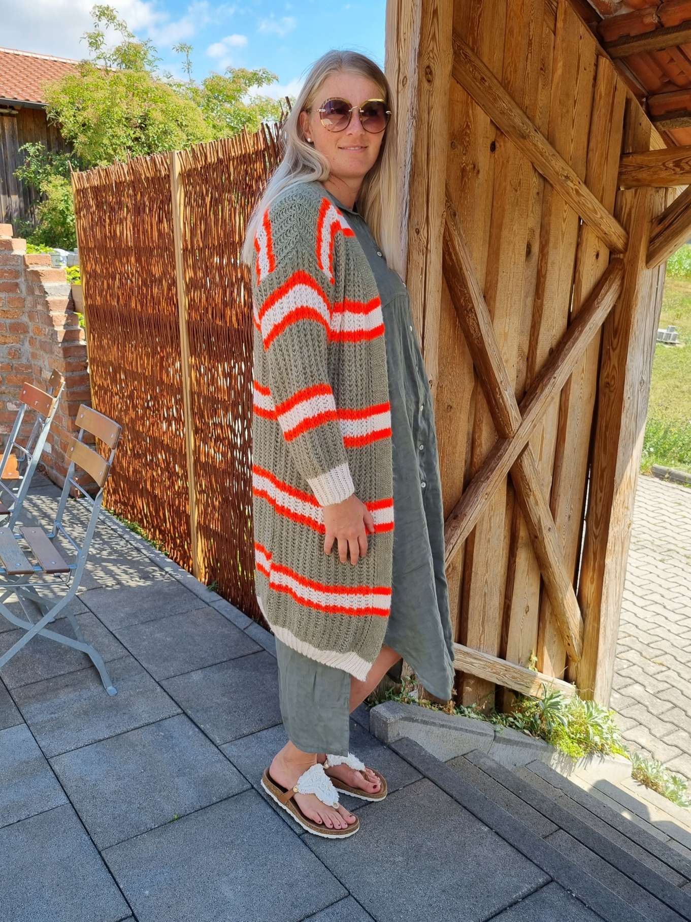 LONG KNIT CARDIGAN MYKONOS STRIPES KHAKI ORANGE CREME langer Strick Mantel Jacke Made in Italy Streifen 34-42 LONG KNIT CARDIGAN MYKONOS STRIPES KHAKI ORANGE CREME langer Strick Mantel Jacke Made in Italy Streifen 34-42