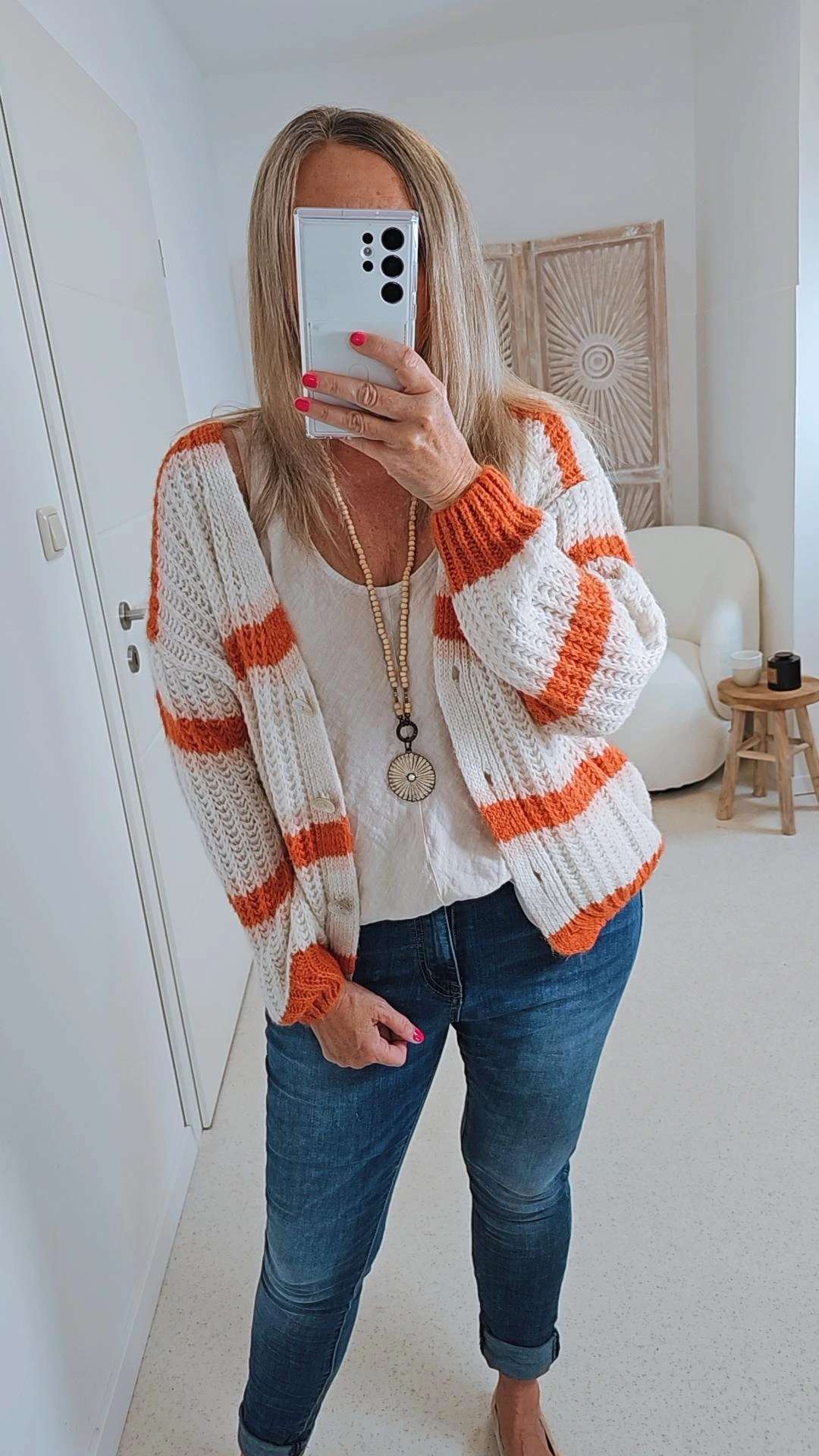 SHORT KNIT CARDIGAN MYKONOS STRIPES BUTTONS  ROST CREME kurze Strick Jacke Made in Italy Streifen Knöpfe  34-42 