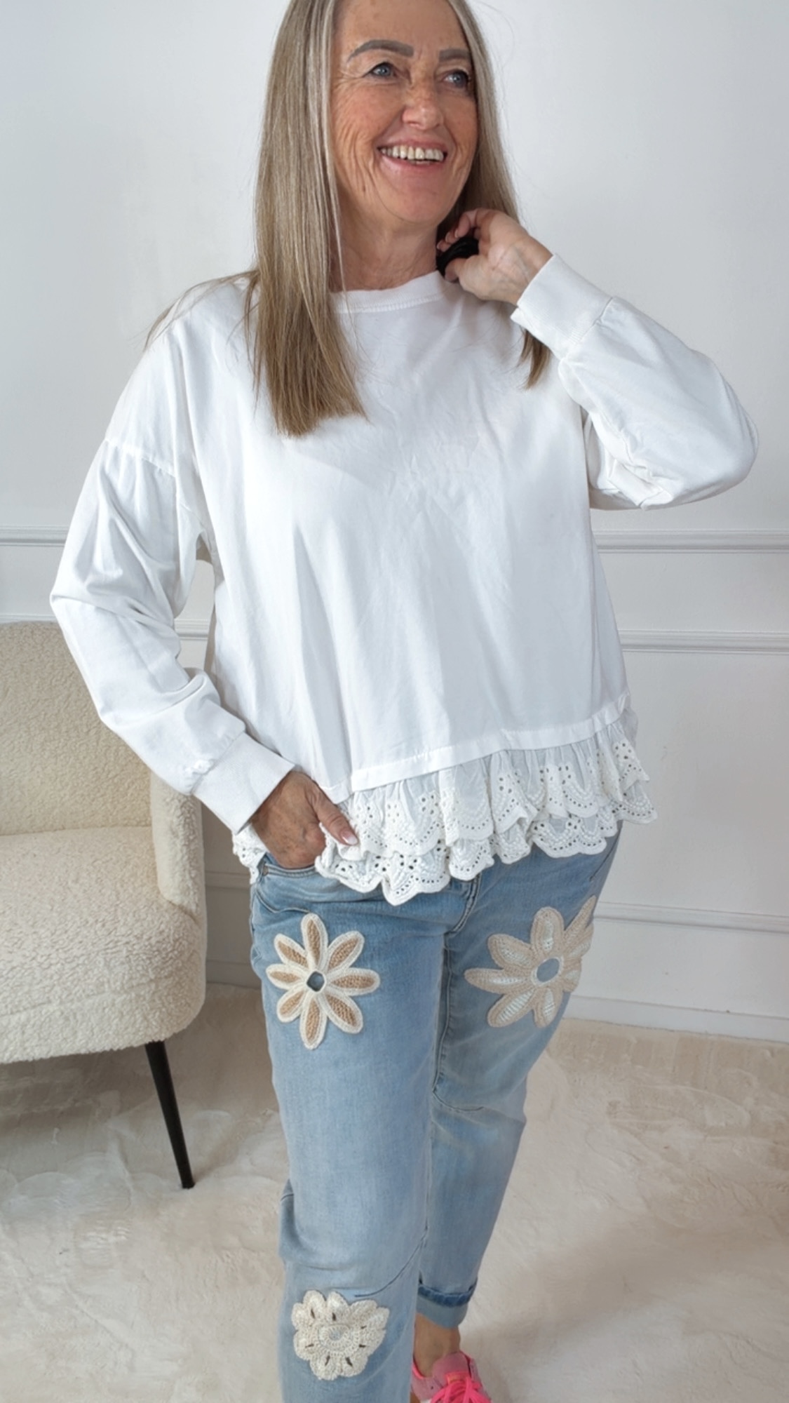 SWEATER LIORA SPITZENDETAIL Made in Italy 36 - 42 weiß