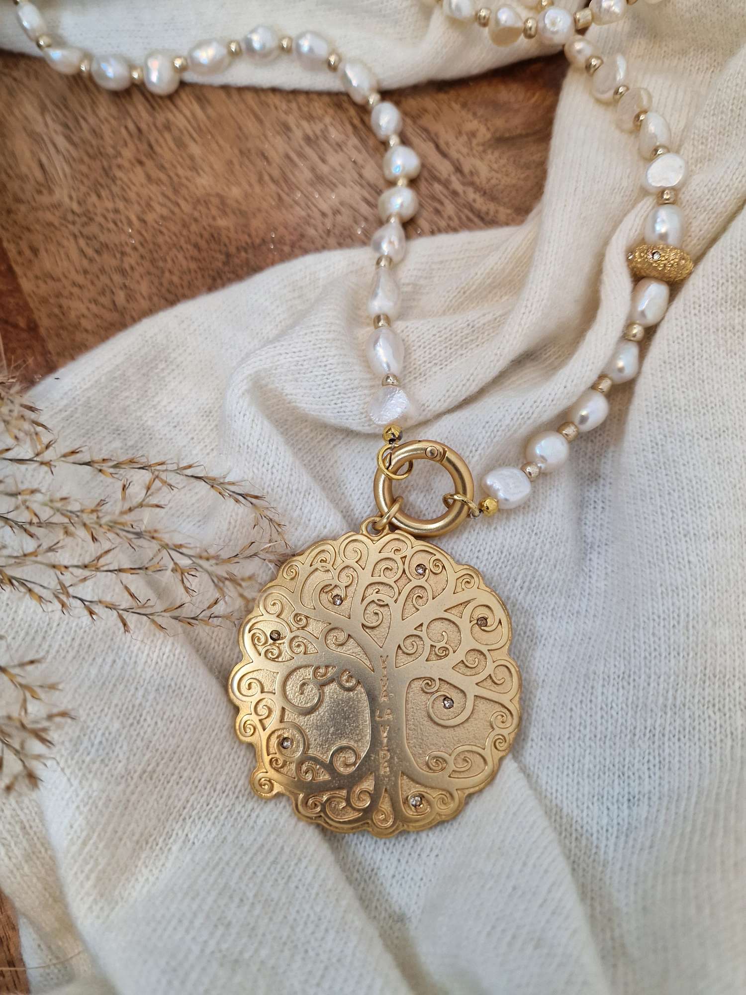 BAROCKE SÜSSWASSER PERLEN KETTE TAHITI Gold Shiny 88 AMULETT Lebensbaum Necklace