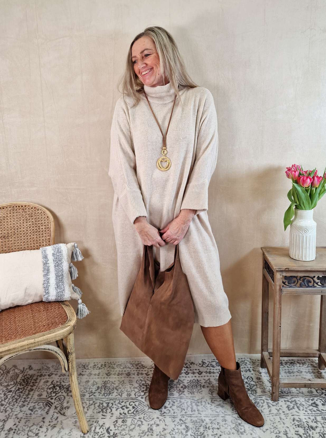 CASHMERE DRESS STELLA BEIGE 34-44 Made in Italy Strick Kleid Long Pullover CASHMERE DRESS STELLA BEIGE 34-44 Made in Italy Strick Kleid Long Pullover
