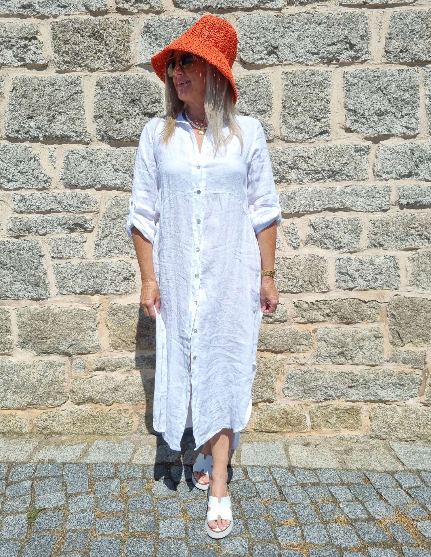 LINEN DESS WANDA 2 WEISS 34-40 Made in Italy Leinen Kleid Long Bluse Mantel LINEN DESS WANDA 2 WEISS 34-40 Made in Italy Leinen Kleid Long Bluse Mantel