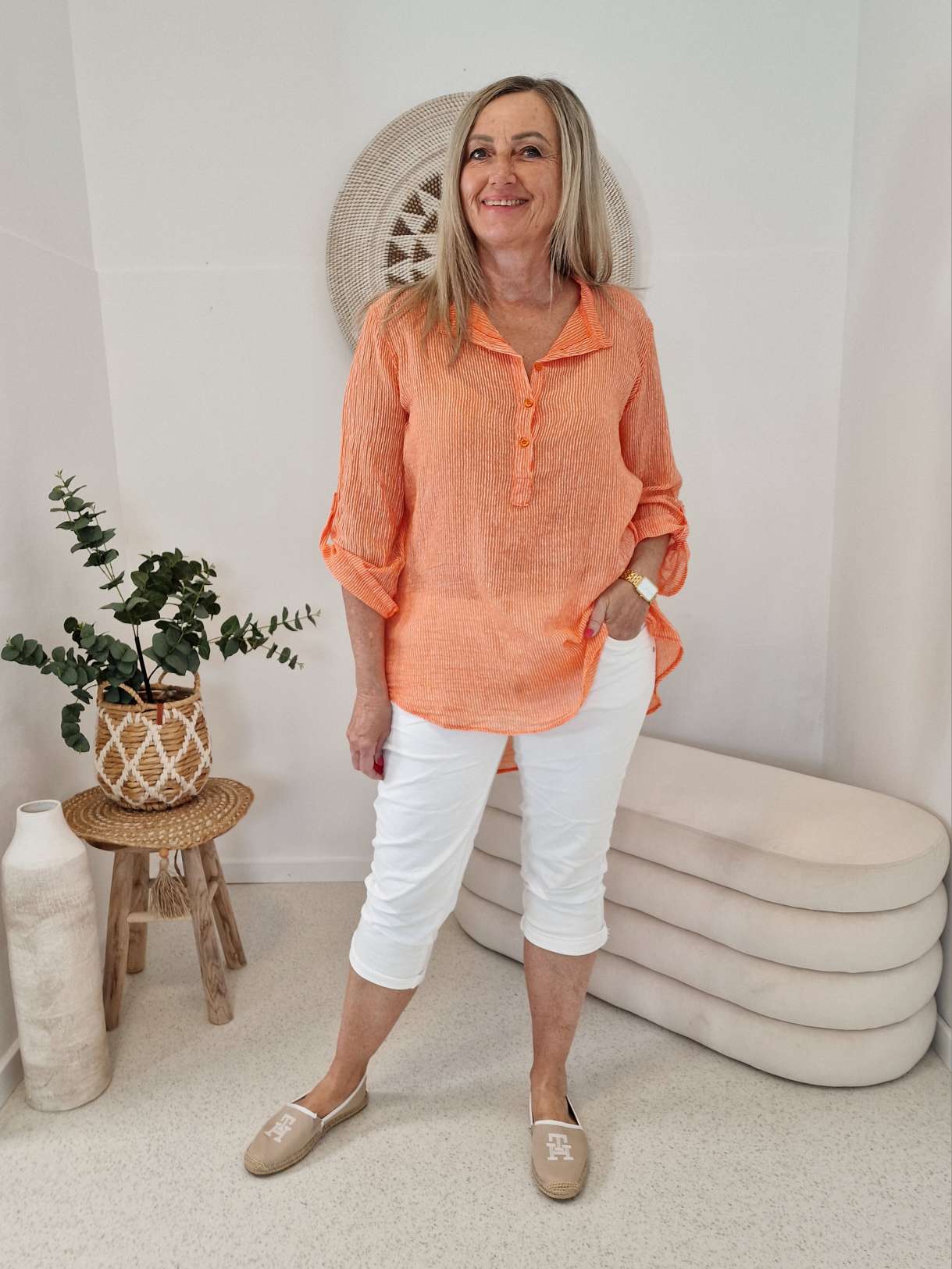 ZARTE STREIFEN BLUSE BELINDE ORANGE 34-42 langarm Bluse Shirt ZARTE STREIFEN BLUSE BELINDE ORANGE 34-42 langarm Bluse Shirt