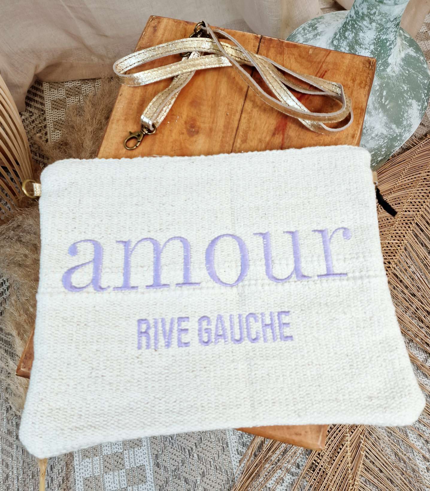 BOHO CLUTCH AMOUR RIVE GAUCHE LILA Made in Italy Baumwolle Handtasche Umhänge Tasche